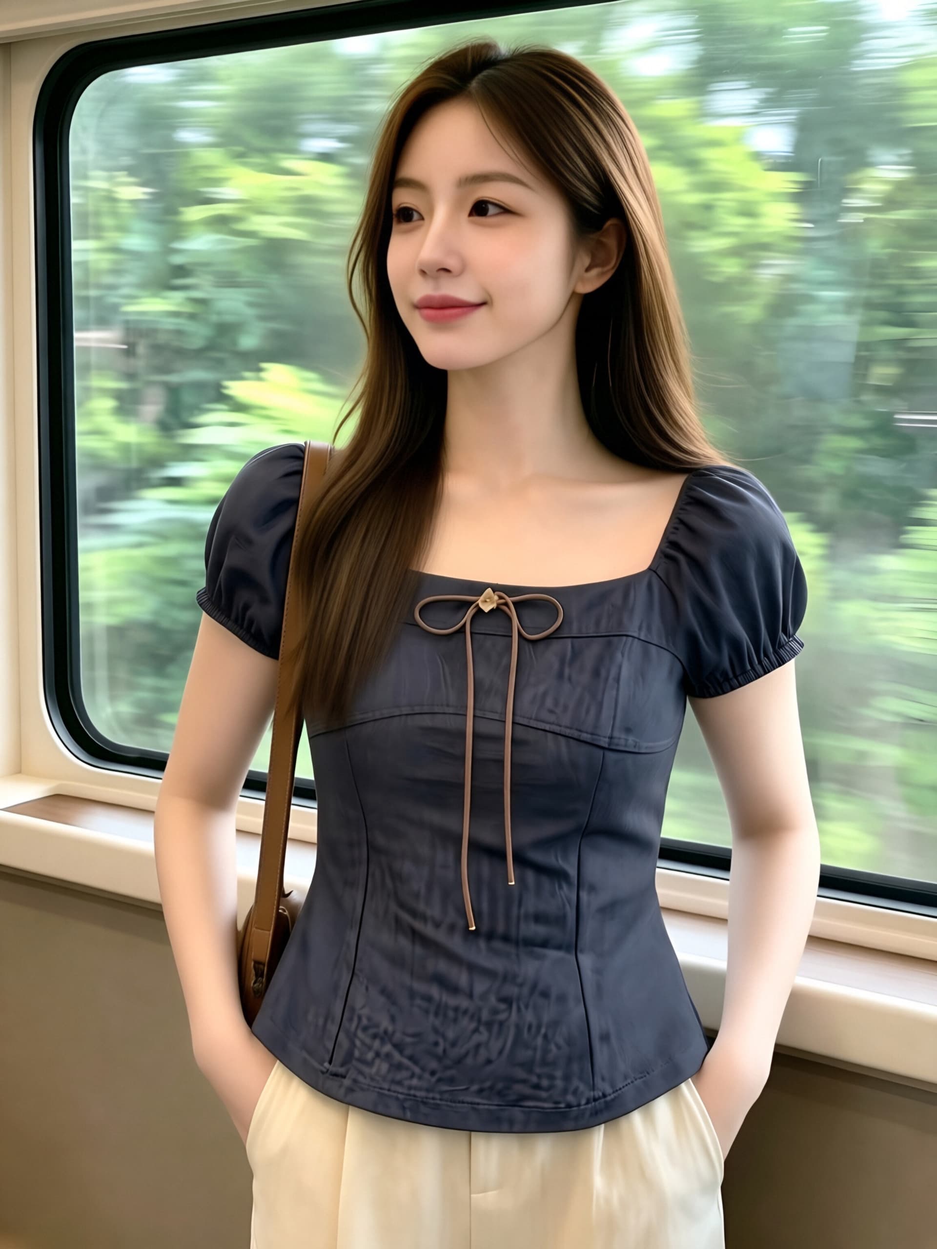 해군 광장 칼라 거품 소매 맨위 여성 상세 이미지 6