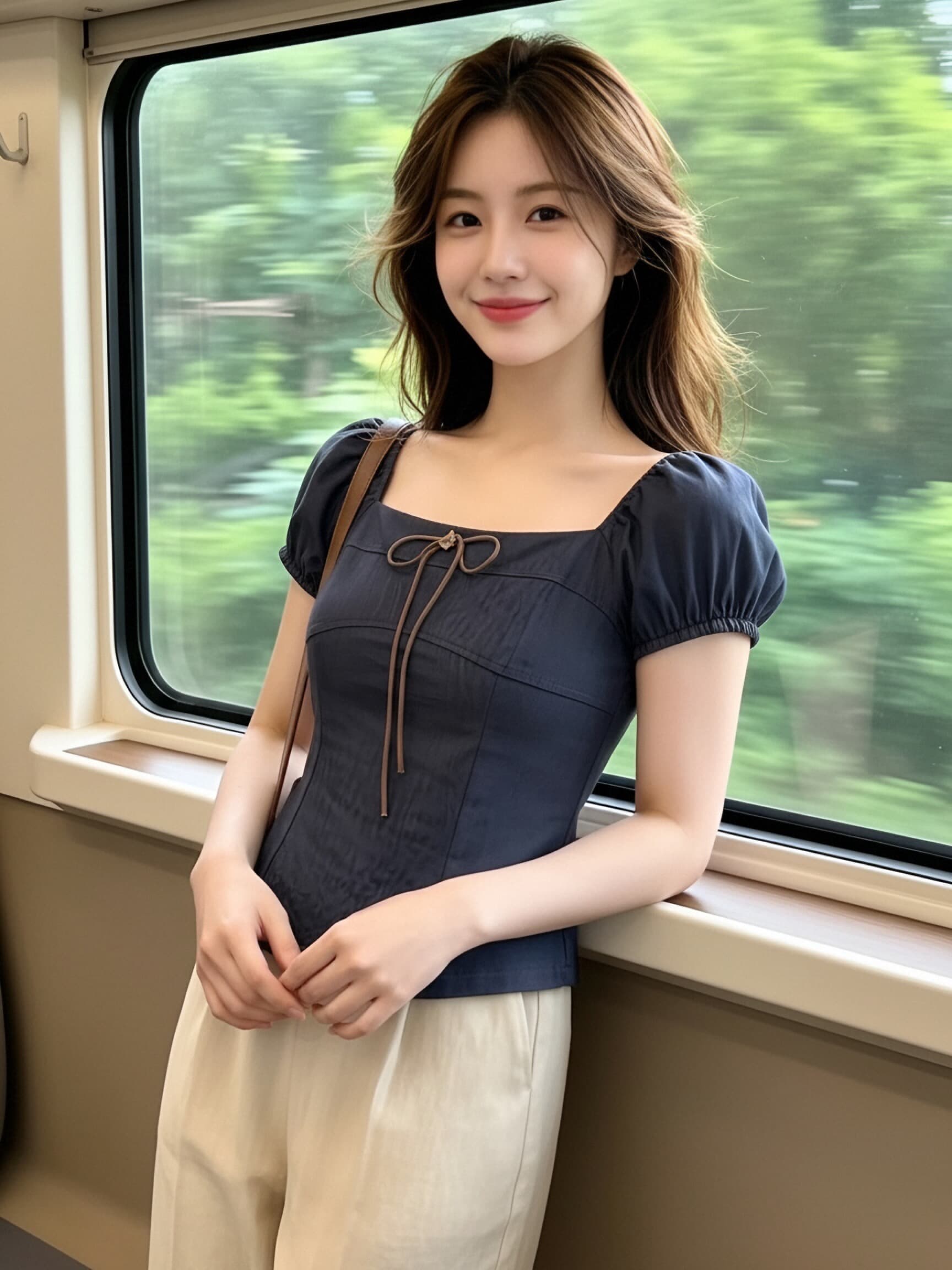 해군 광장 칼라 거품 소매 맨위 여성 상세 이미지 8