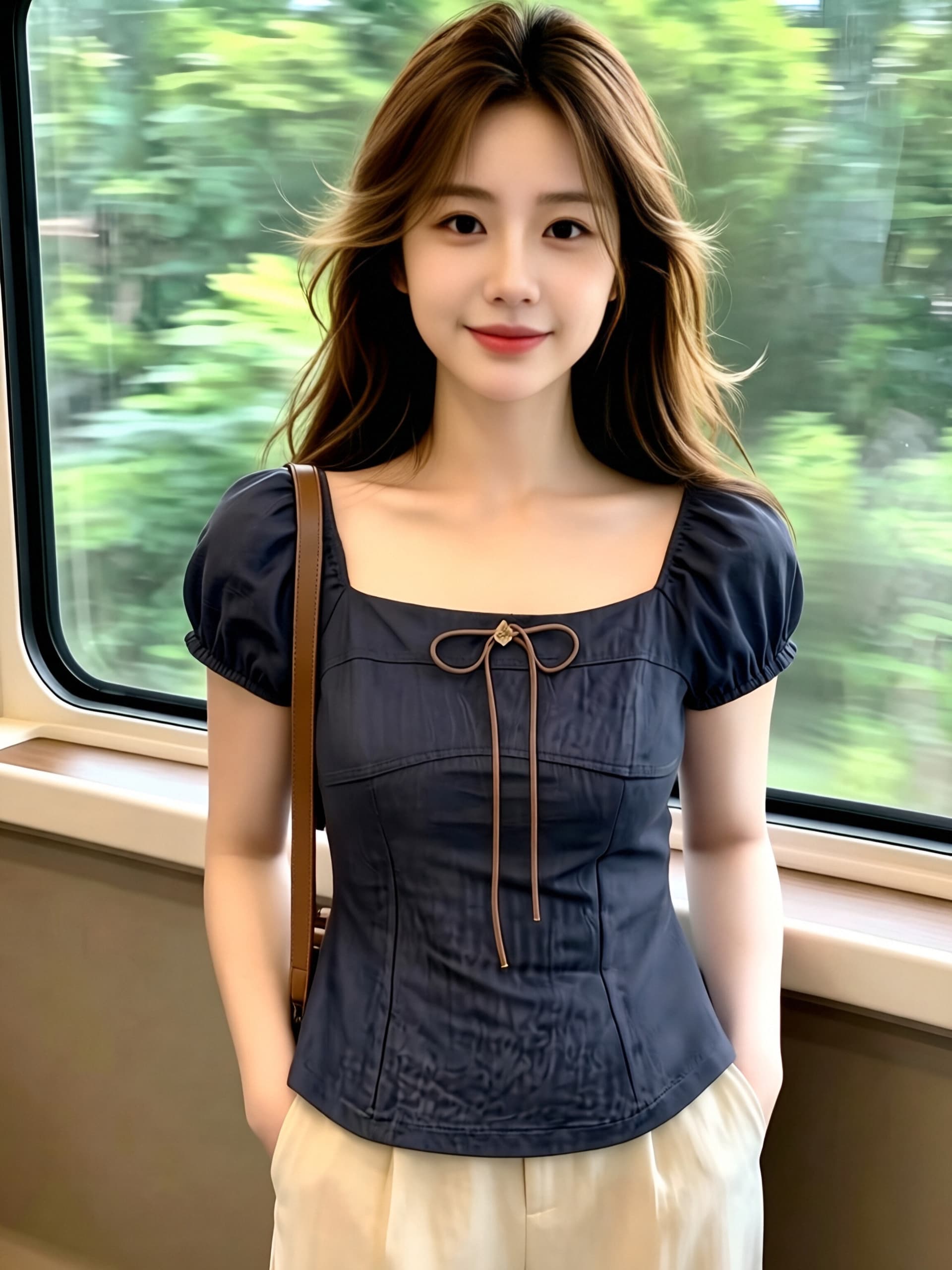 해군 광장 칼라 거품 소매 맨위 여성 상세 이미지 9