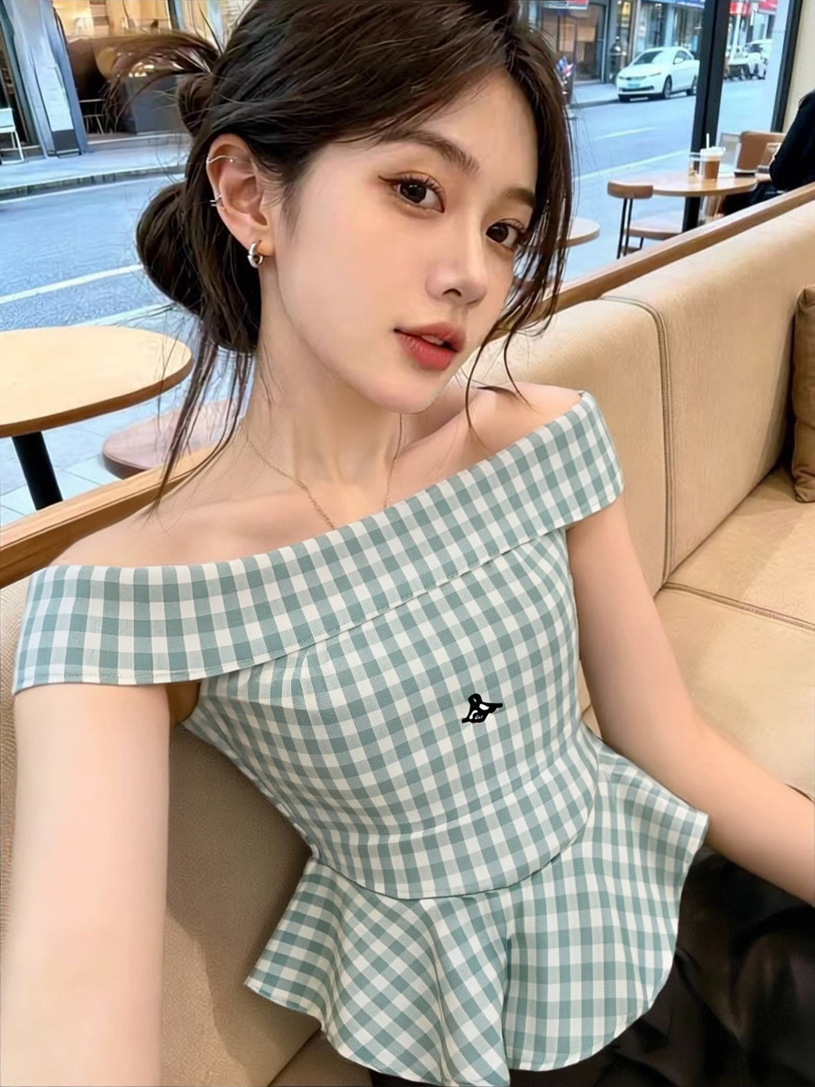 그리드 애버딘 오프숄더 오프숄더 셔츠 맨위 여성 이미지 2