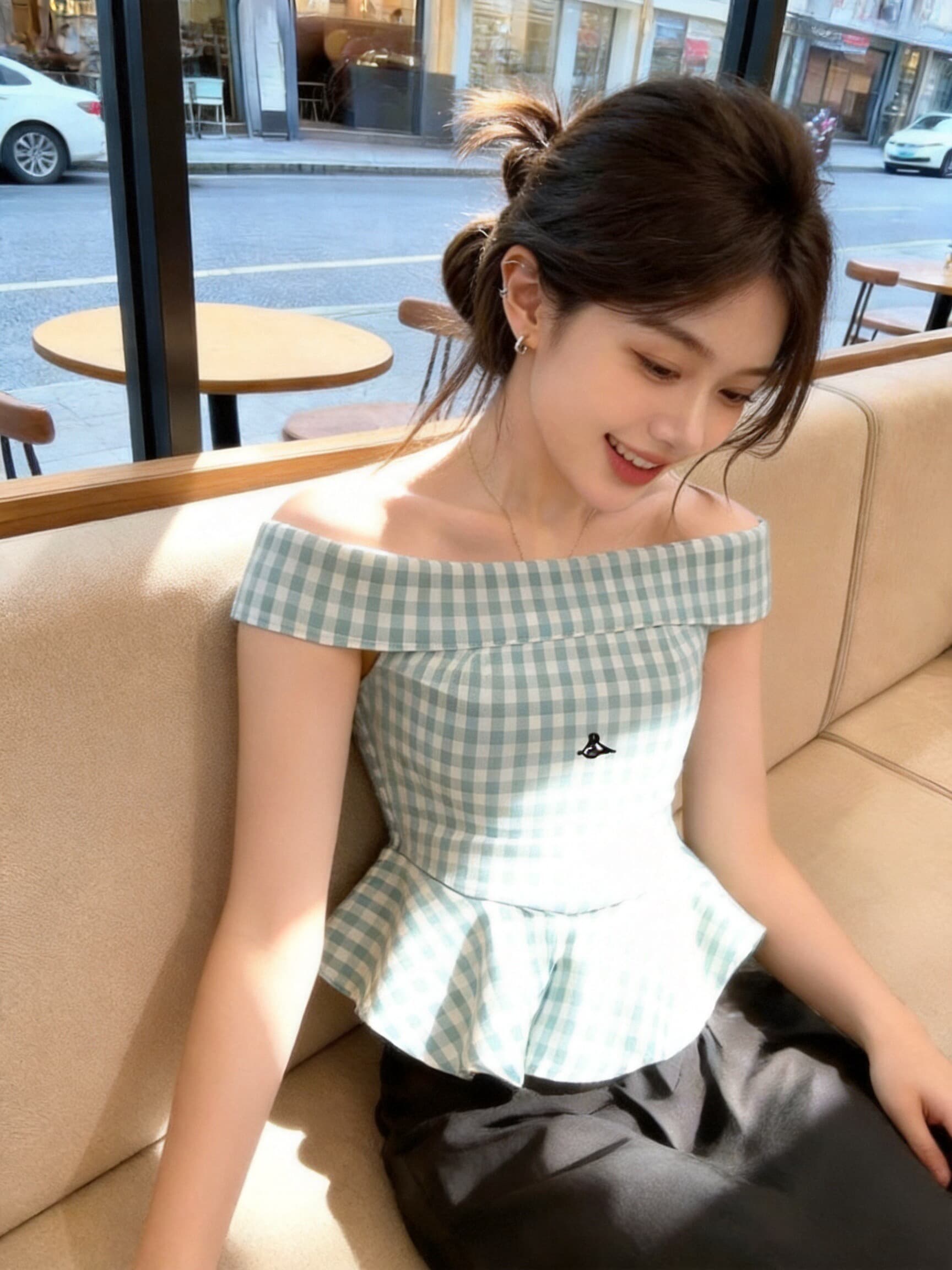 그리드 애버딘 오프숄더 오프숄더 셔츠 맨위 여성 상세 이미지 2