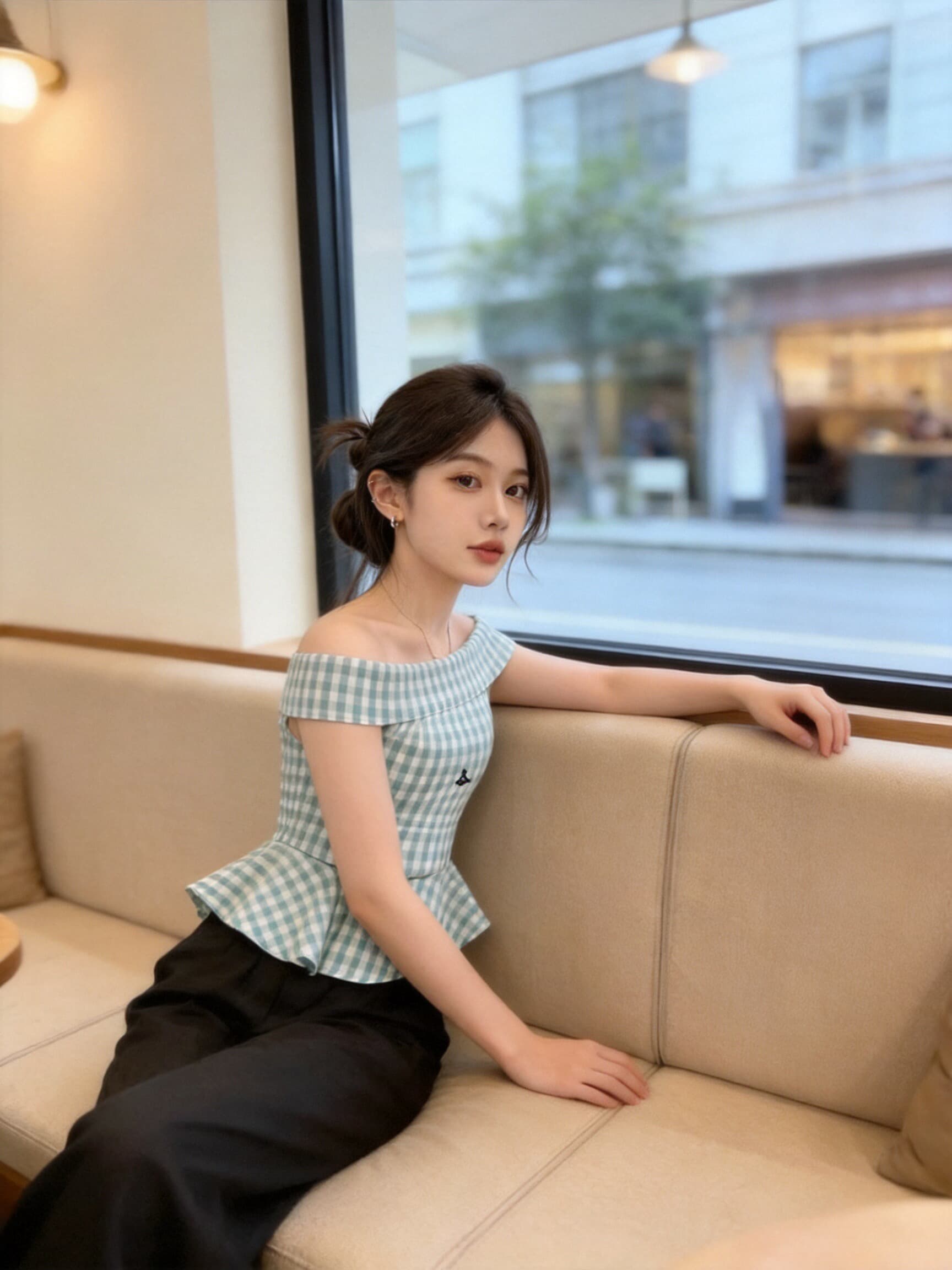 그리드 애버딘 오프숄더 오프숄더 셔츠 맨위 여성 상세 이미지 6