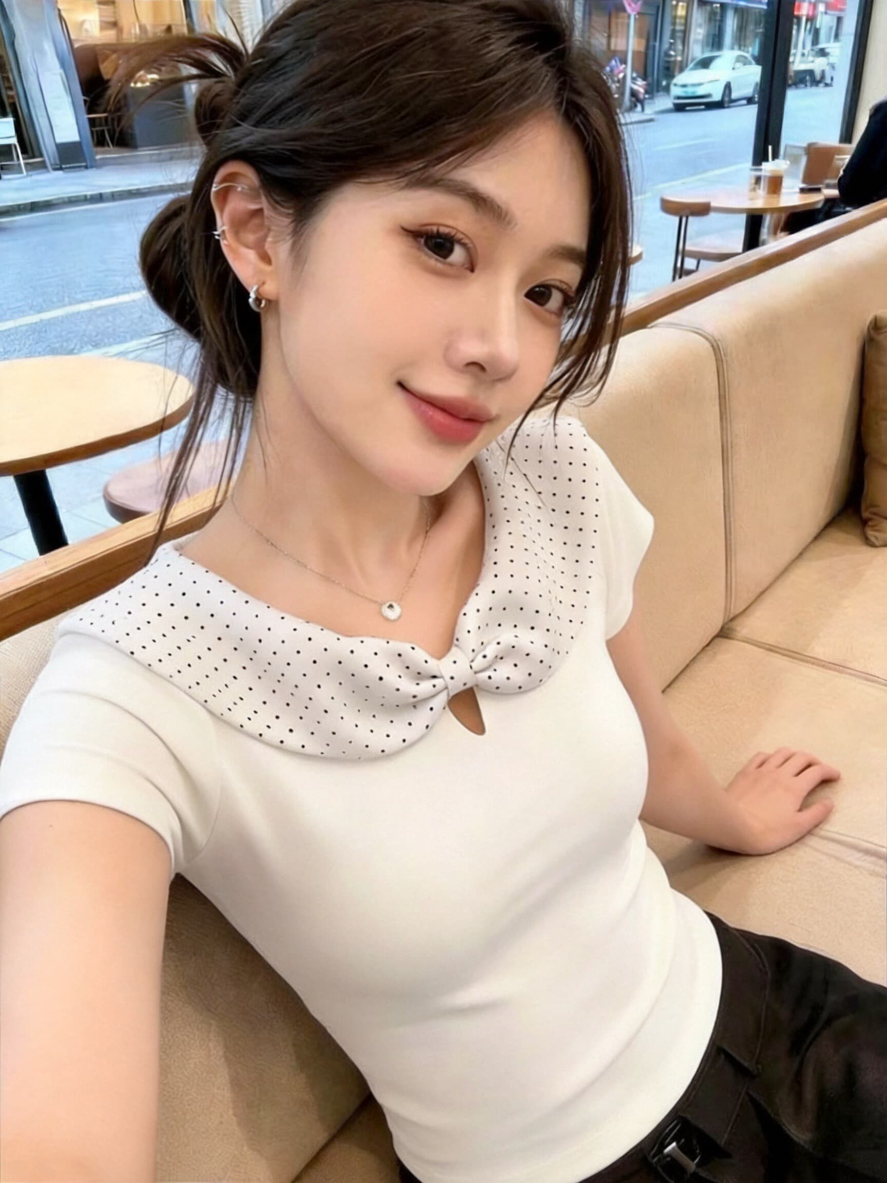 도트 무늬 화이트 베이비 칼라 맨위 여성 이미지 3