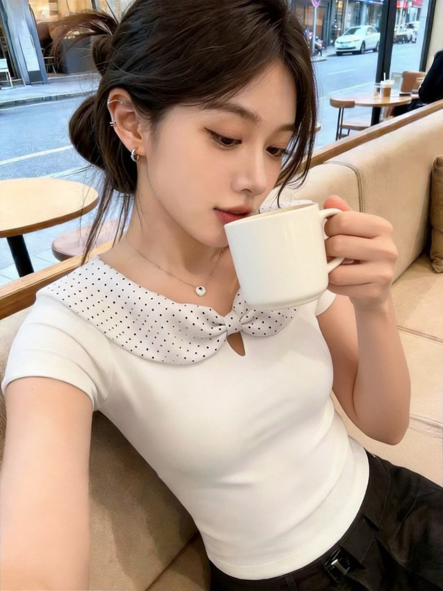도트 무늬 화이트 베이비 칼라 맨위 여성 상세 이미지 2