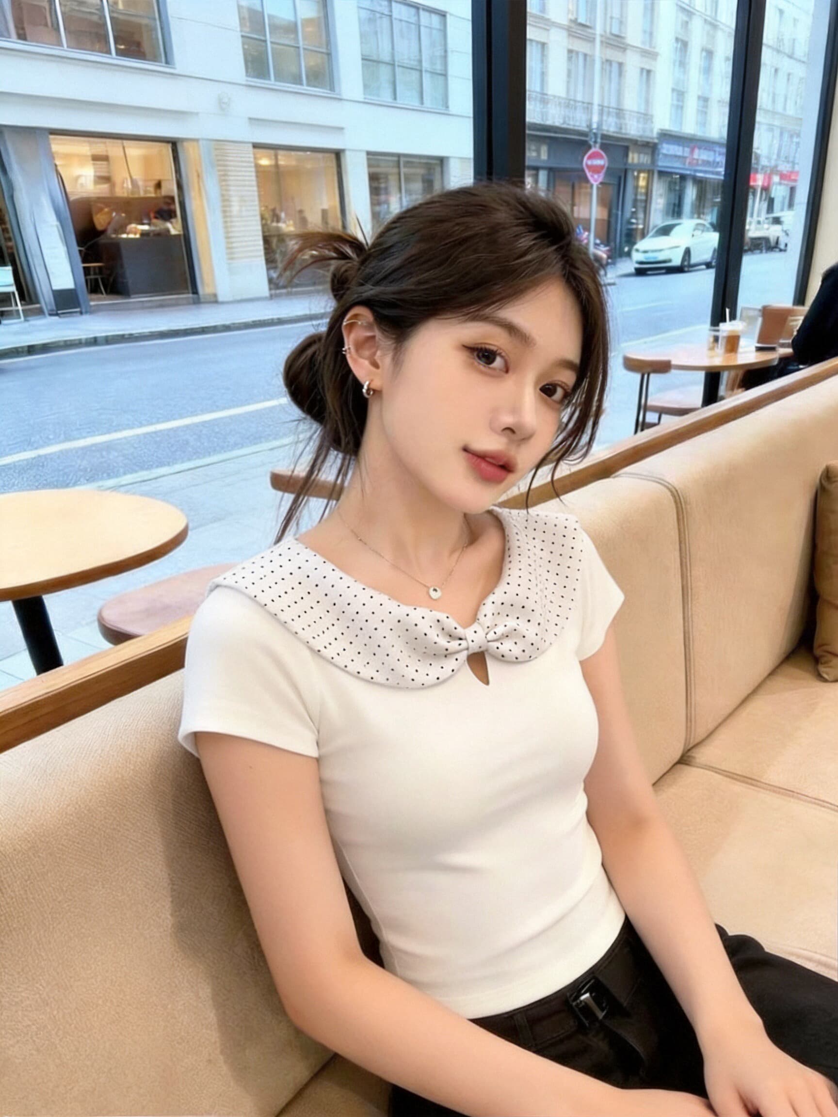도트 무늬 화이트 베이비 칼라 맨위 여성 상세 이미지 5