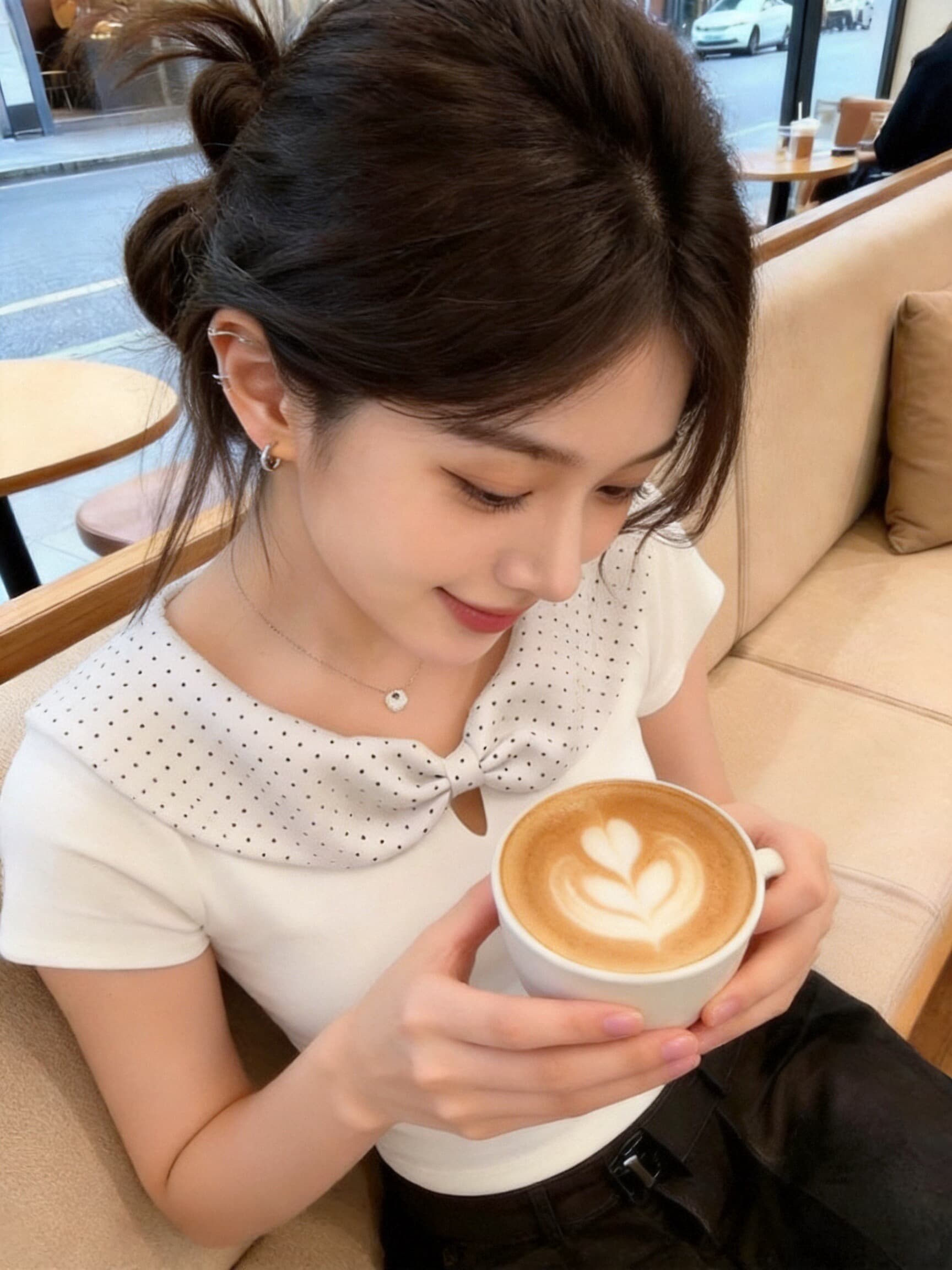 도트 무늬 화이트 베이비 칼라 맨위 여성 상세 이미지 7