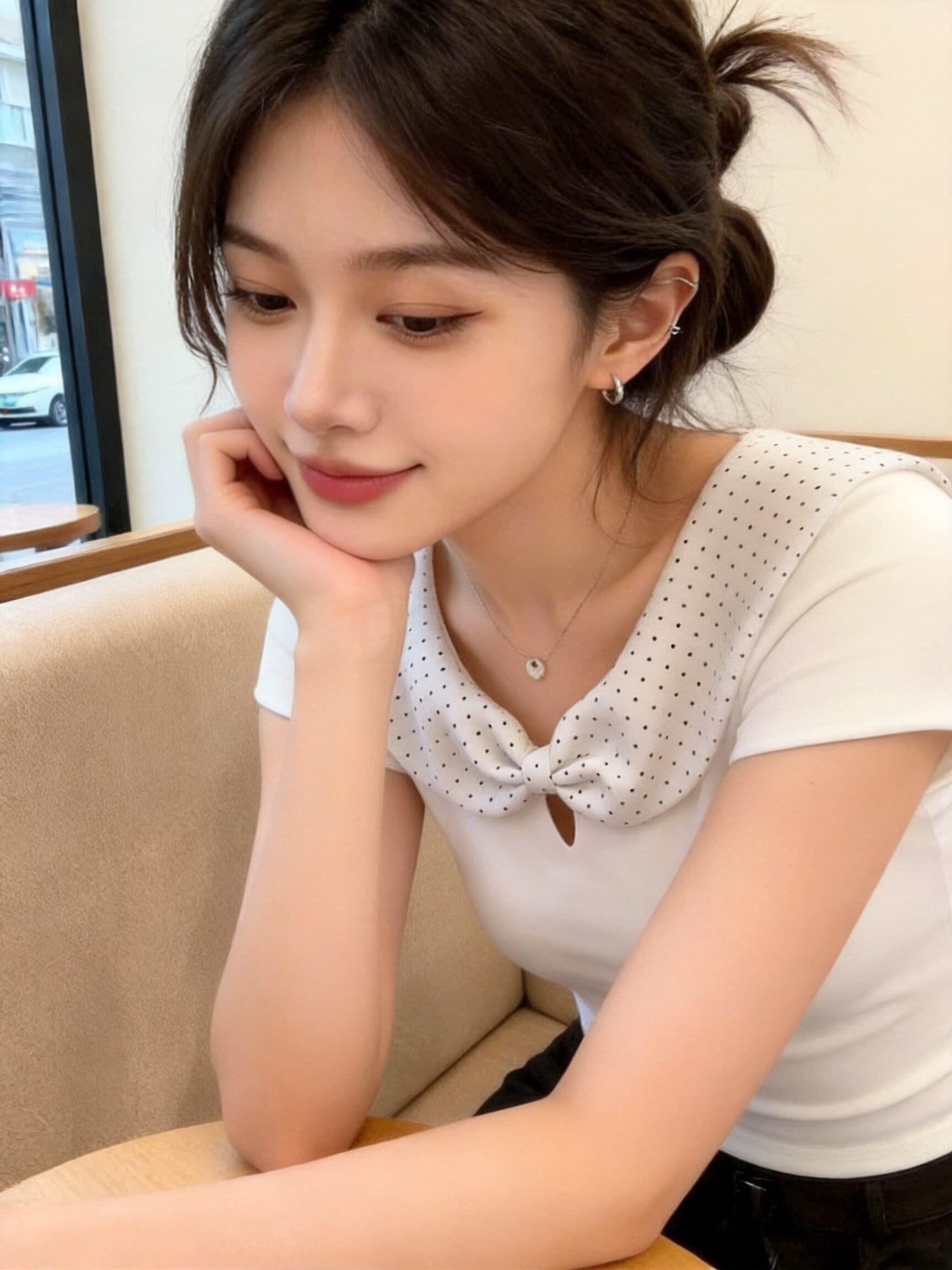 도트 무늬 화이트 베이비 칼라 맨위 여성 상세 이미지 8
