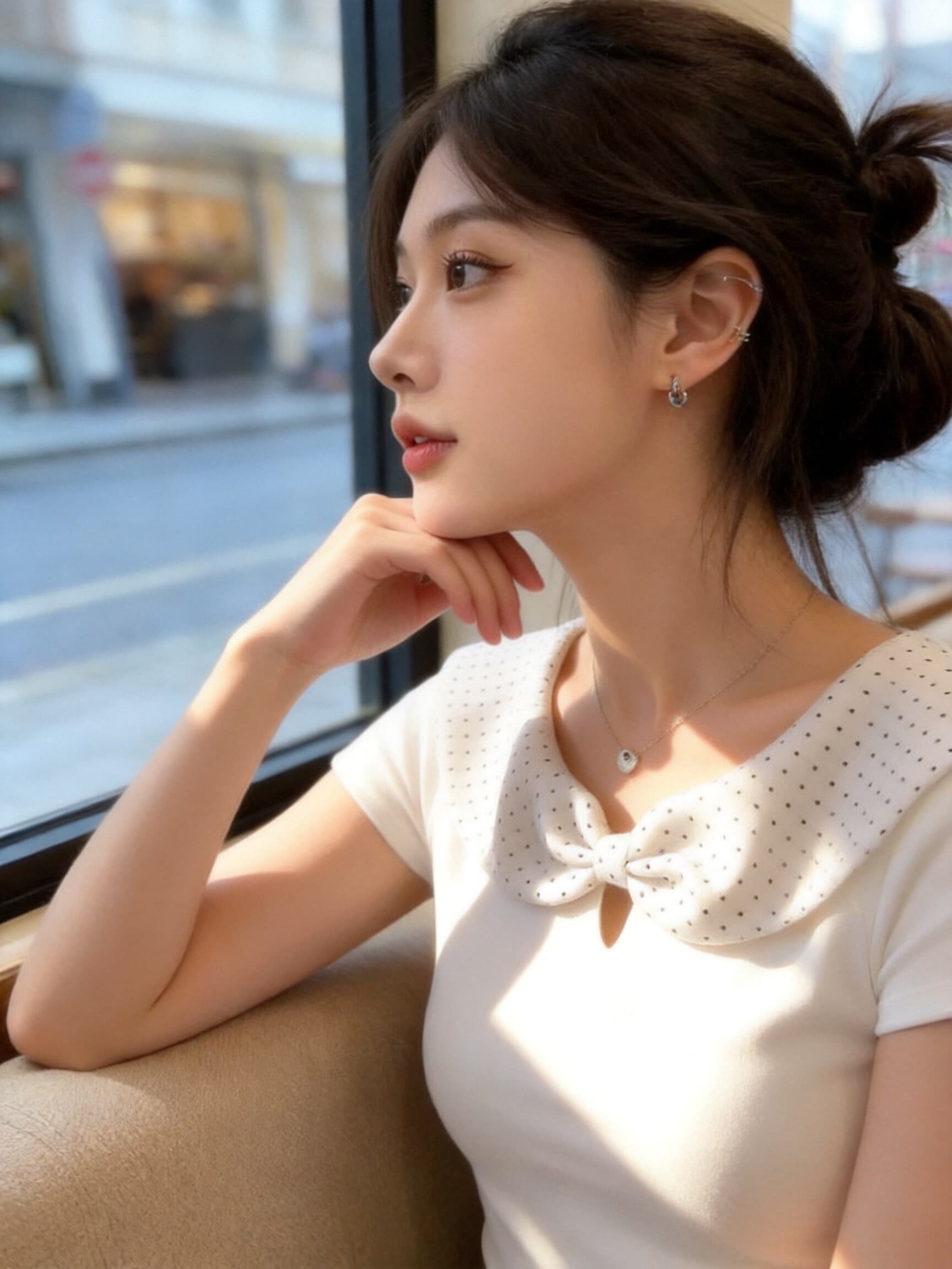 도트 무늬 화이트 베이비 칼라 맨위 여성 이미지 5