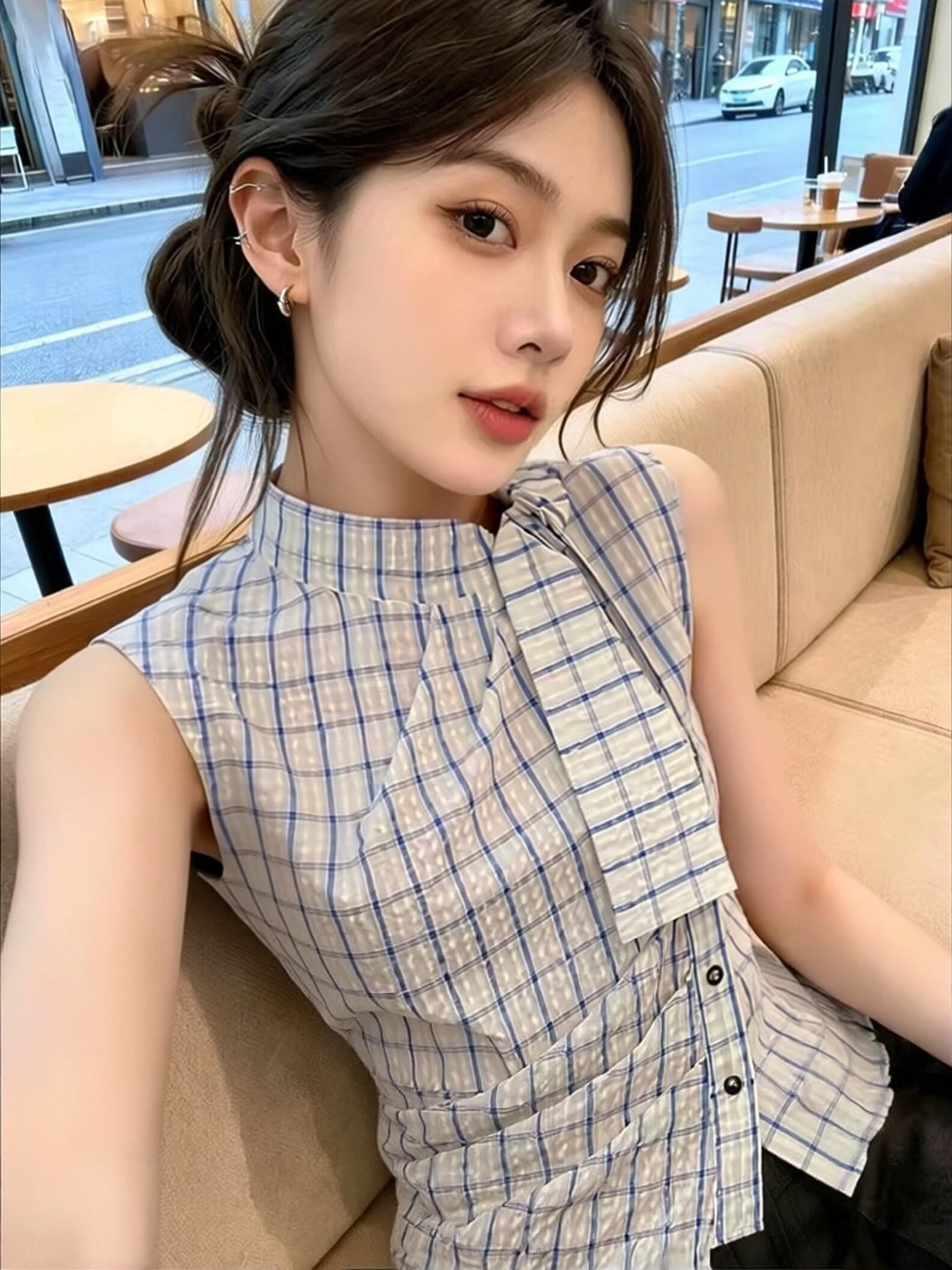 체크무늬 레이스업 허리 수축 셔츠 맨위 여성 상세 이미지 2