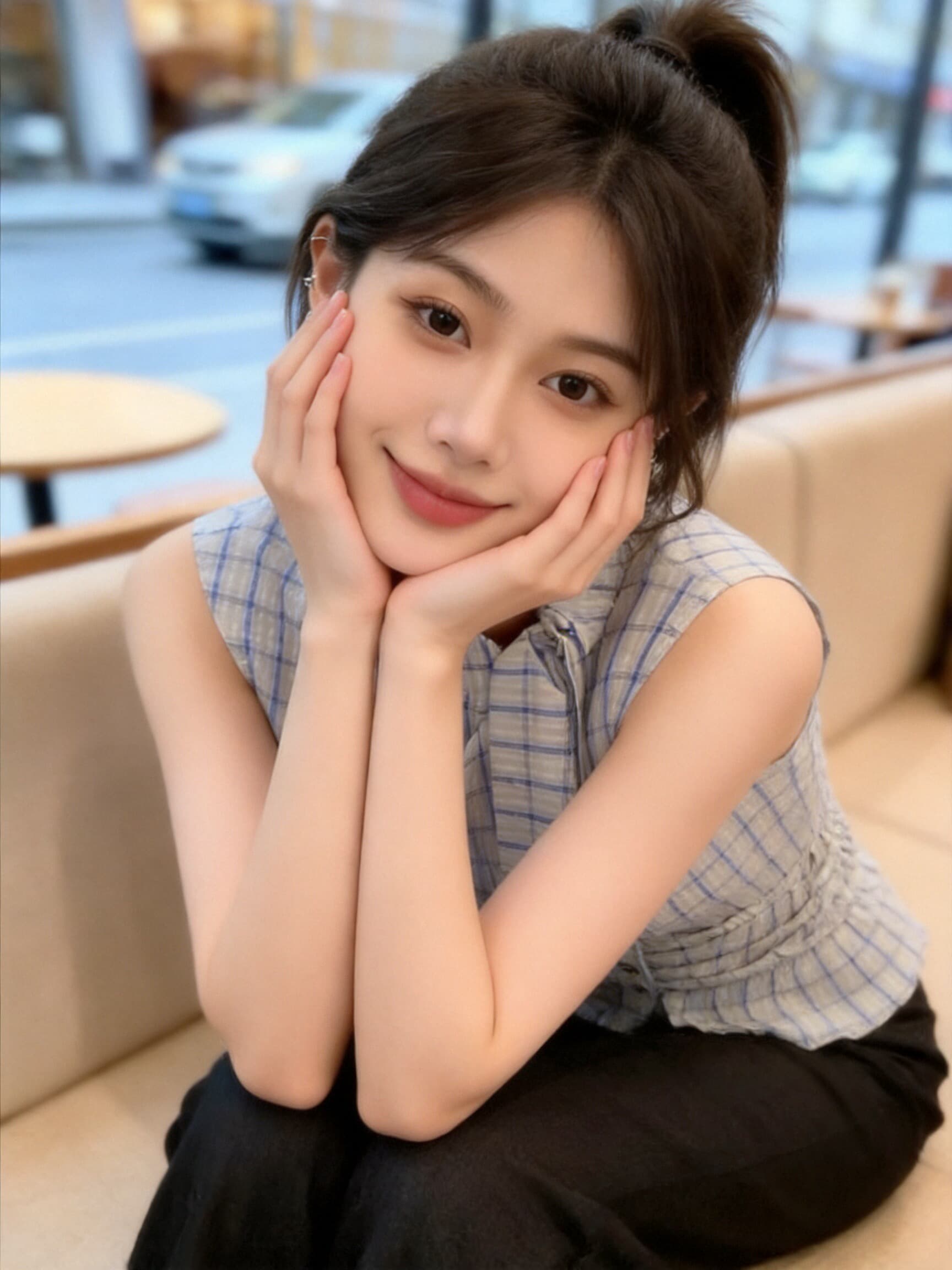 체크무늬 레이스업 허리 수축 셔츠 맨위 여성 상세 이미지 3