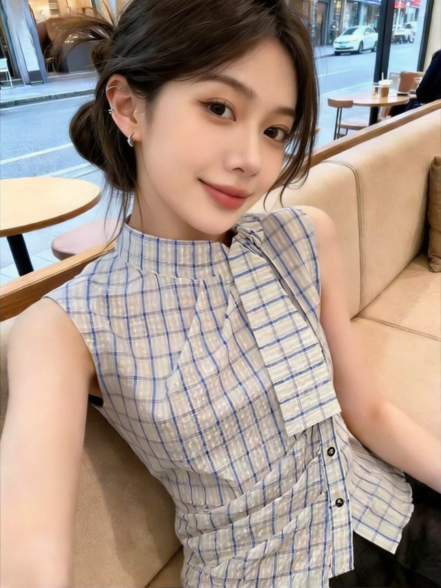 체크무늬 레이스업 허리 수축 셔츠 맨위 여성 상세 이미지 4