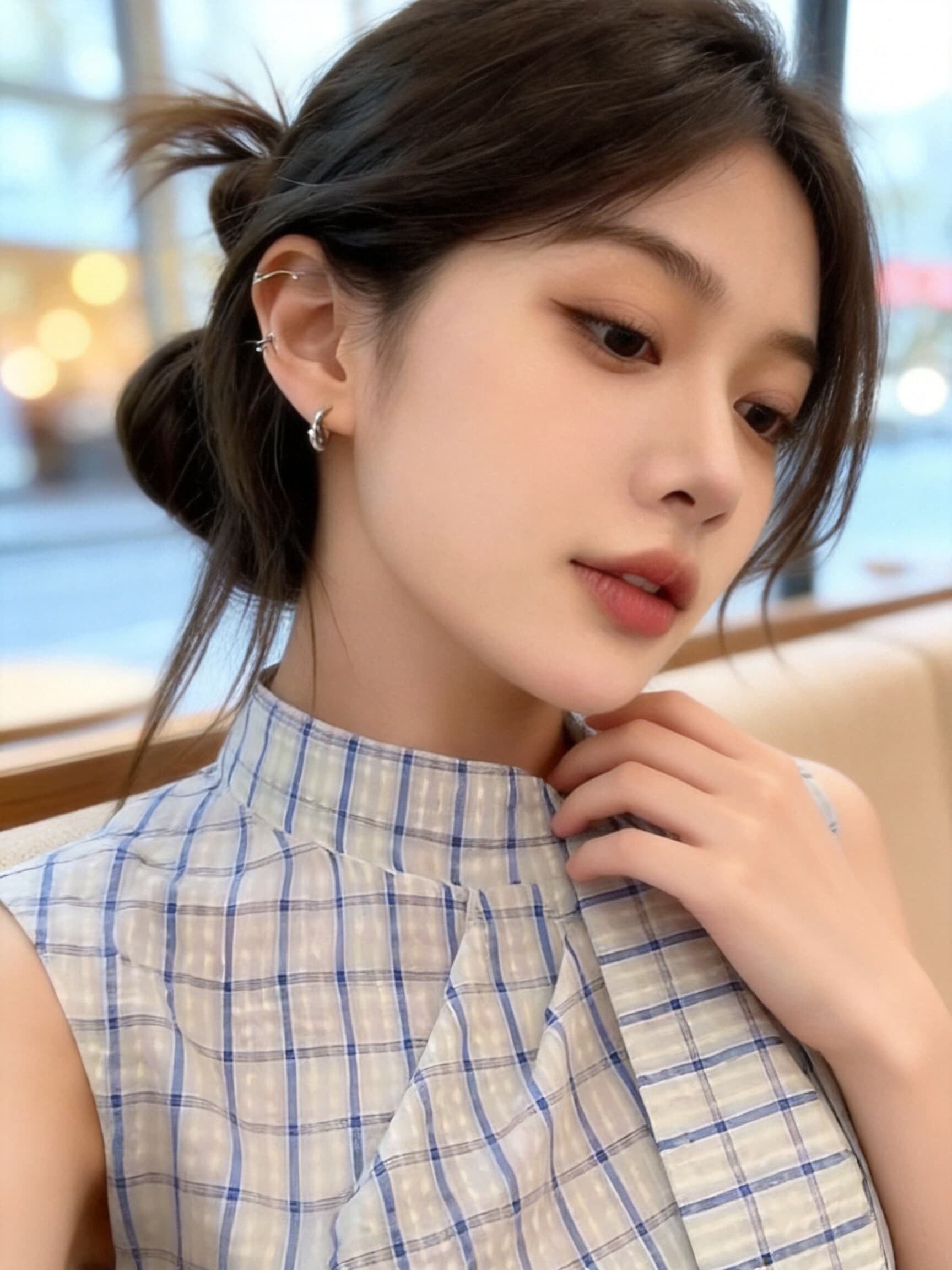 체크무늬 레이스업 허리 수축 셔츠 맨위 여성 상세 이미지 5