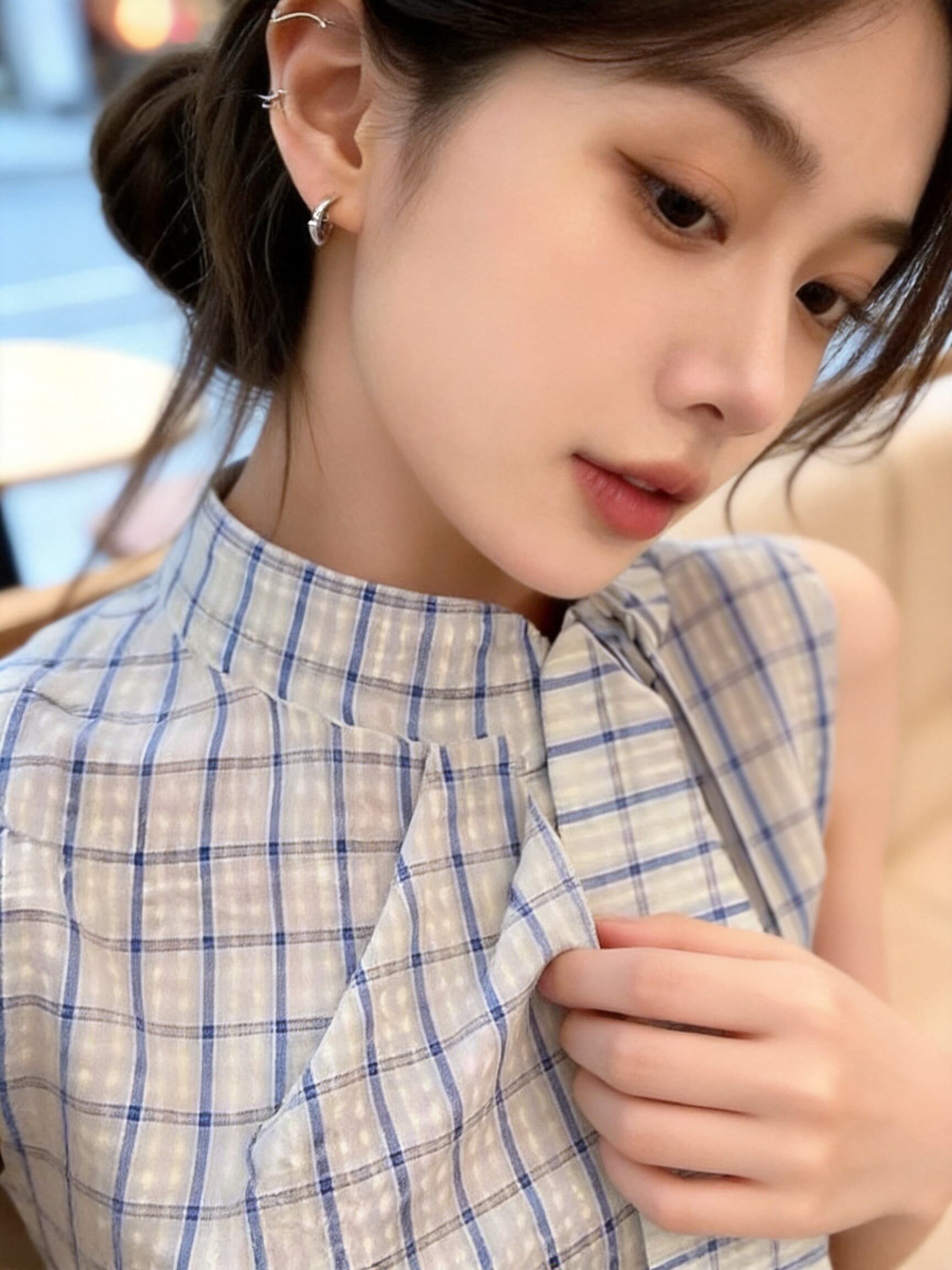체크무늬 레이스업 허리 수축 셔츠 맨위 여성 이미지 4