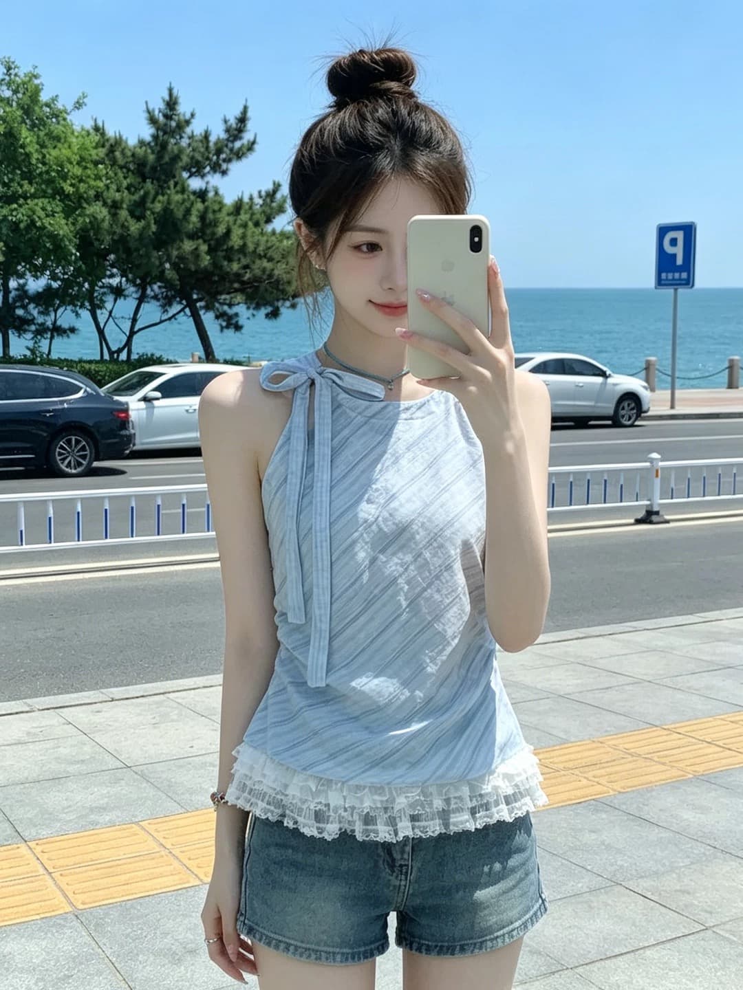 레이스 조각 체크무늬 민소매 셔츠 맨위 여성 이미지 3