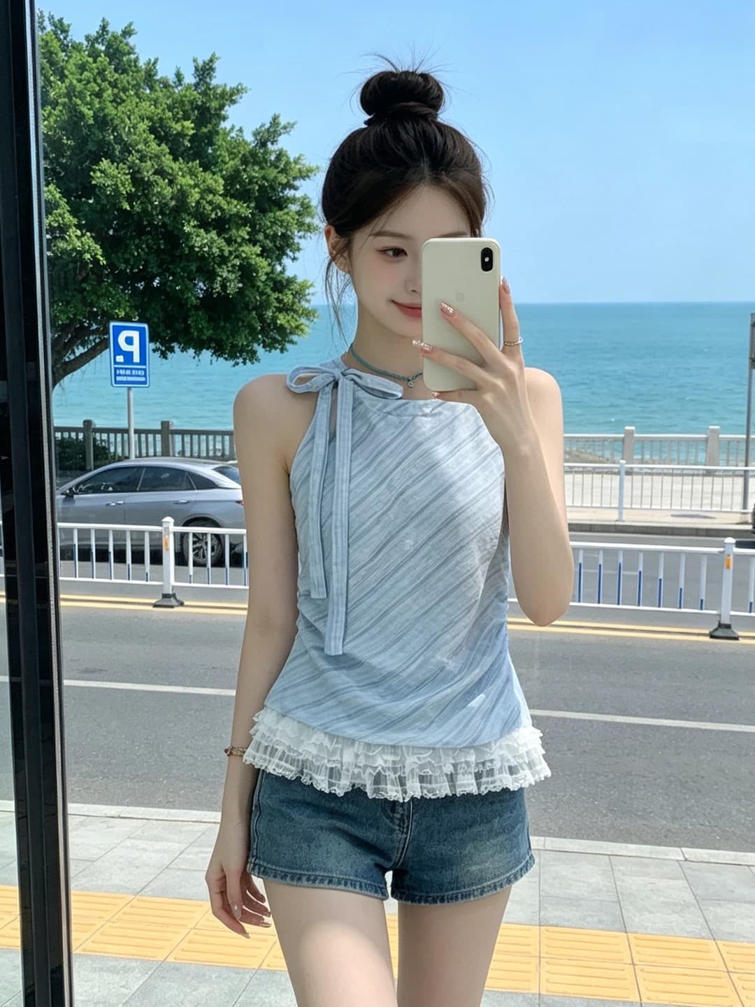 레이스 조각 체크무늬 민소매 셔츠 맨위 여성 이미지 2