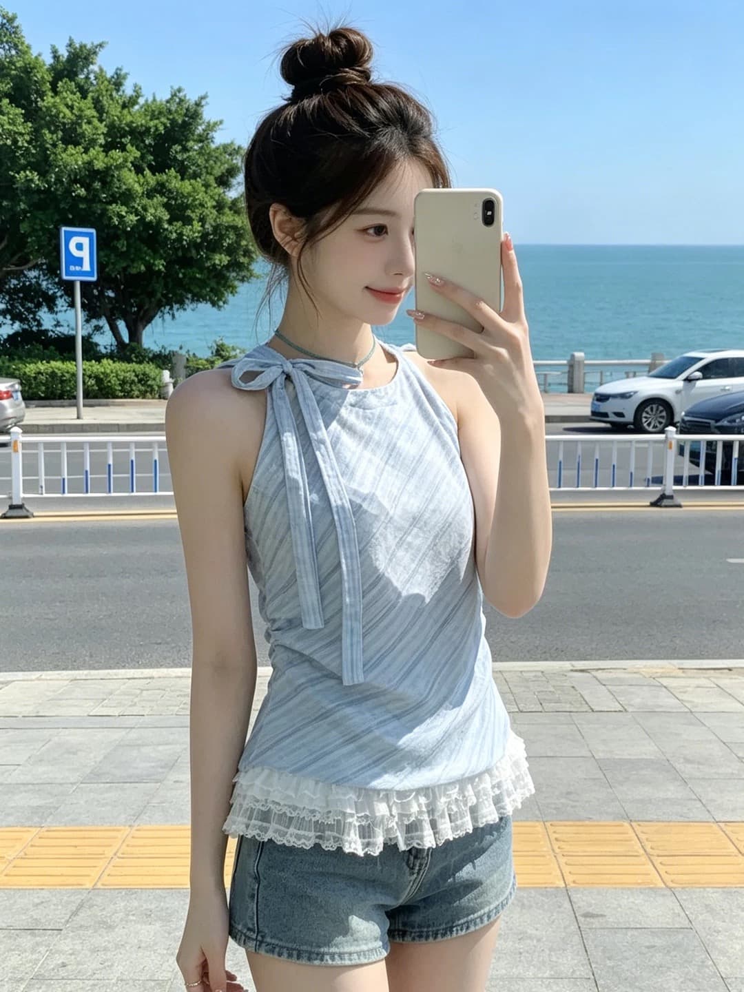 레이스 조각 체크무늬 민소매 셔츠 맨위 여성 상세 이미지 5
