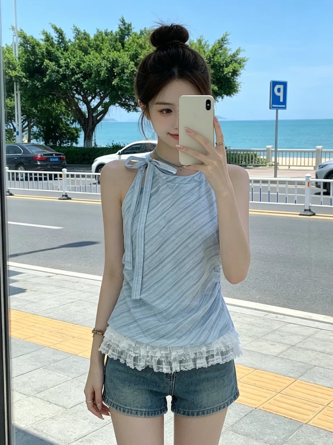 레이스 조각 체크무늬 민소매 셔츠 맨위 여성 상세 이미지 9