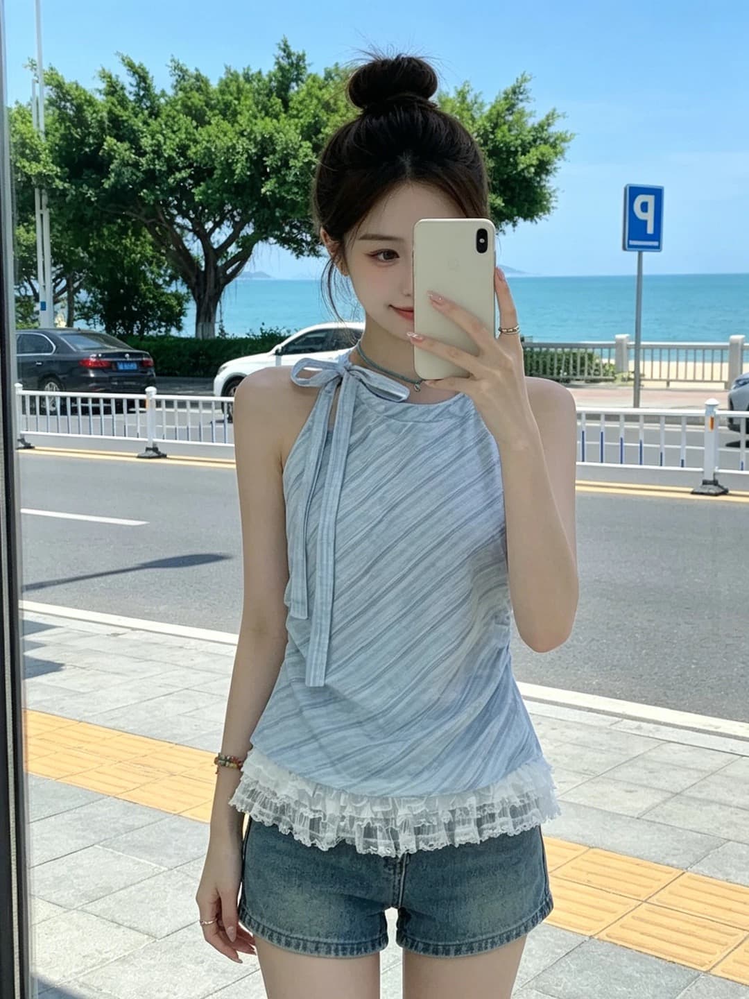 레이스 조각 체크무늬 민소매 셔츠 맨위 여성 상세 이미지 10