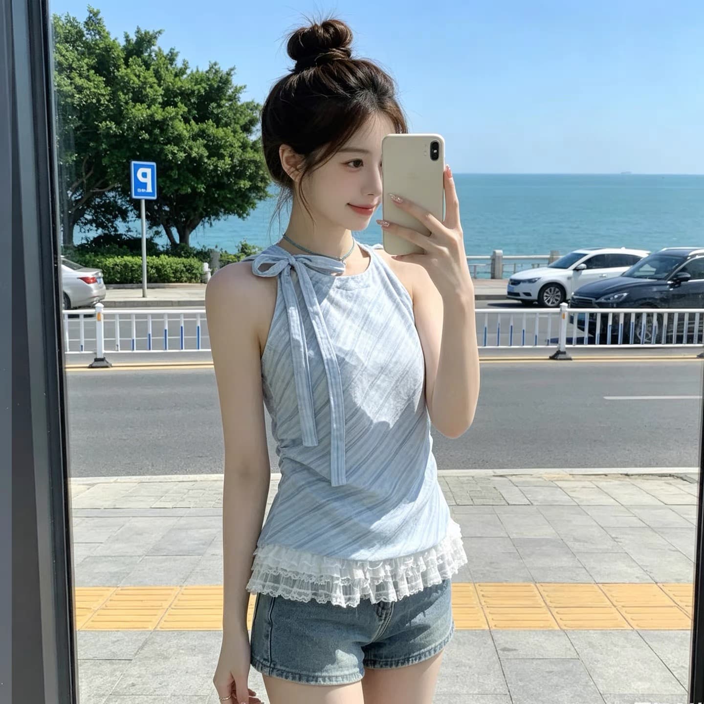 레이스 조각 체크무늬 민소매 셔츠 맨위 여성 상세 이미지 11
