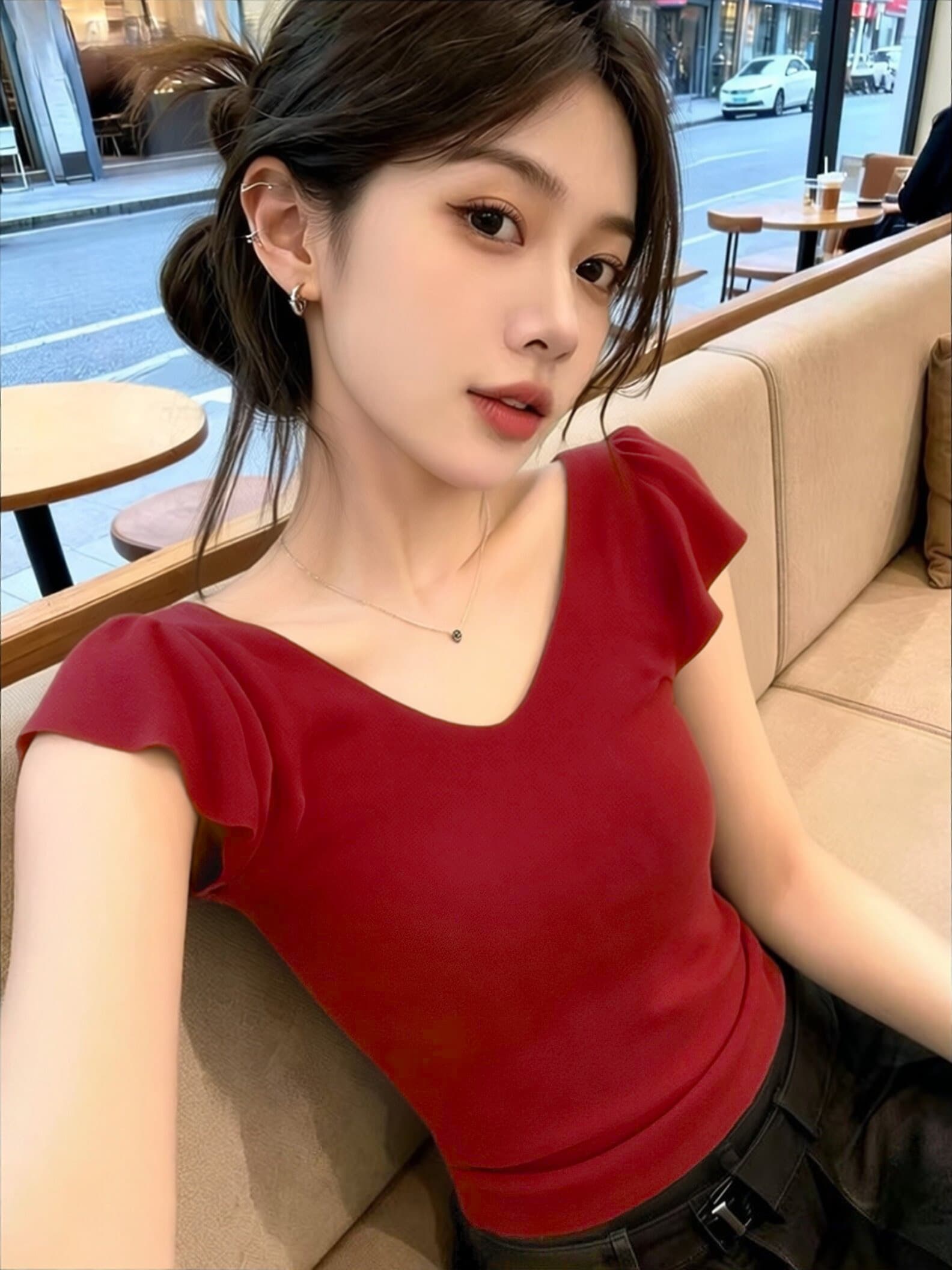 빨간색 작은 날다 소매 V넥 맨위 여성 이미지 3