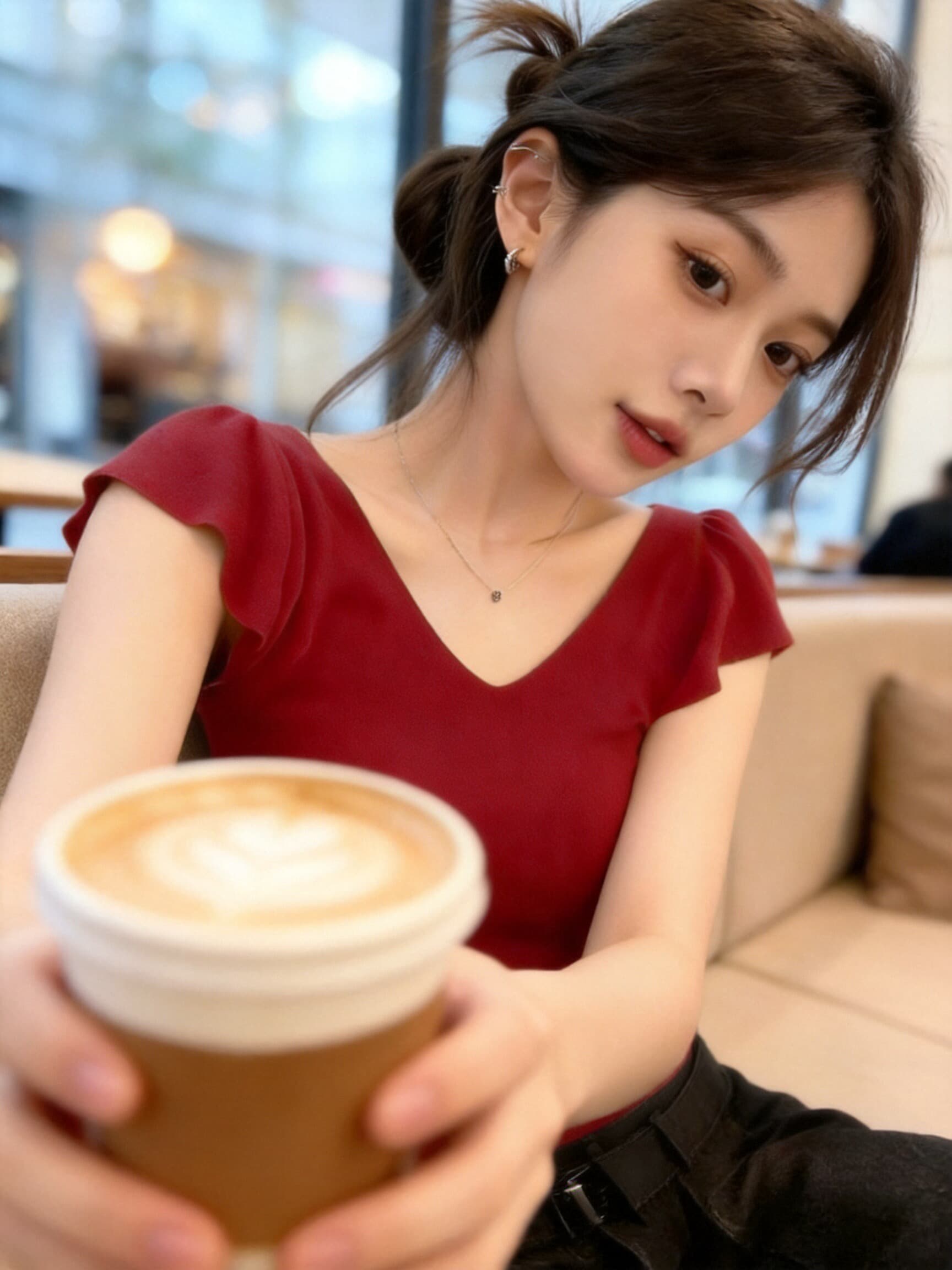 빨간색 작은 날다 소매 V넥 맨위 여성 상세 이미지 4