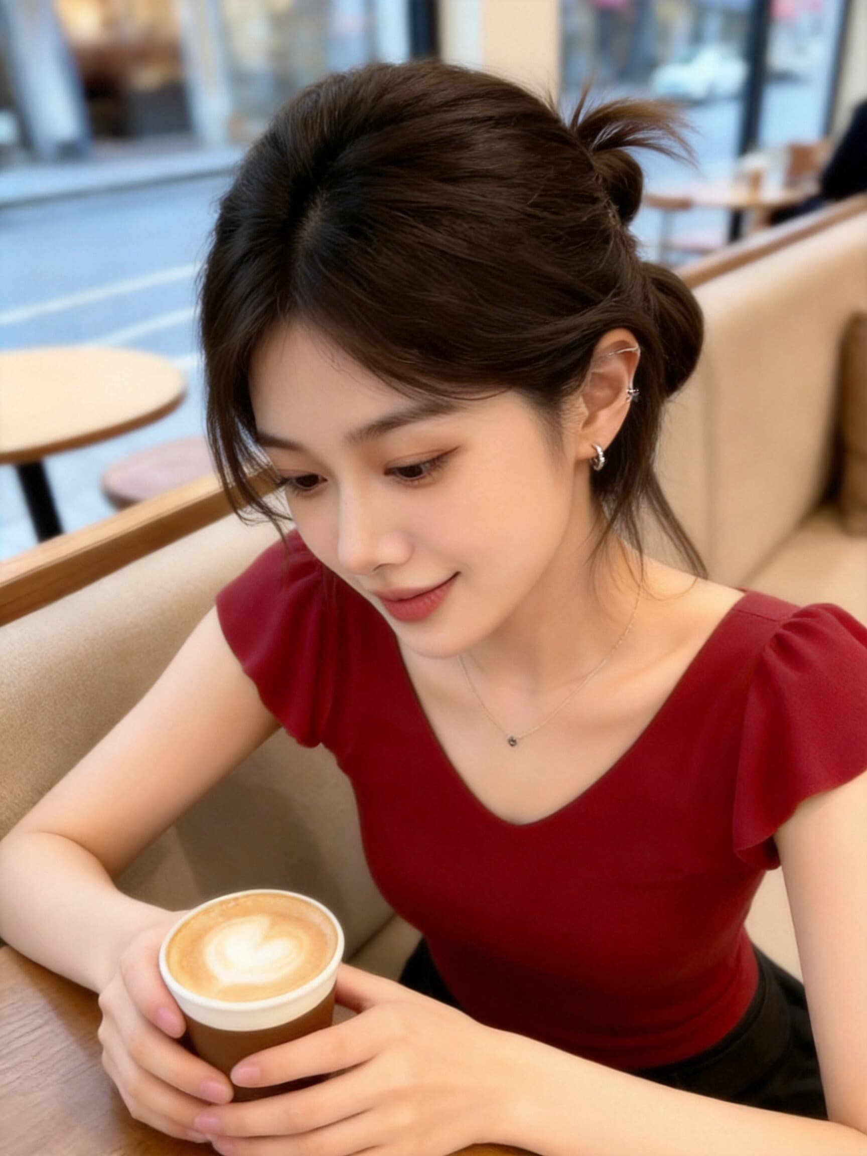 빨간색 작은 날다 소매 V넥 맨위 여성 상세 이미지 7