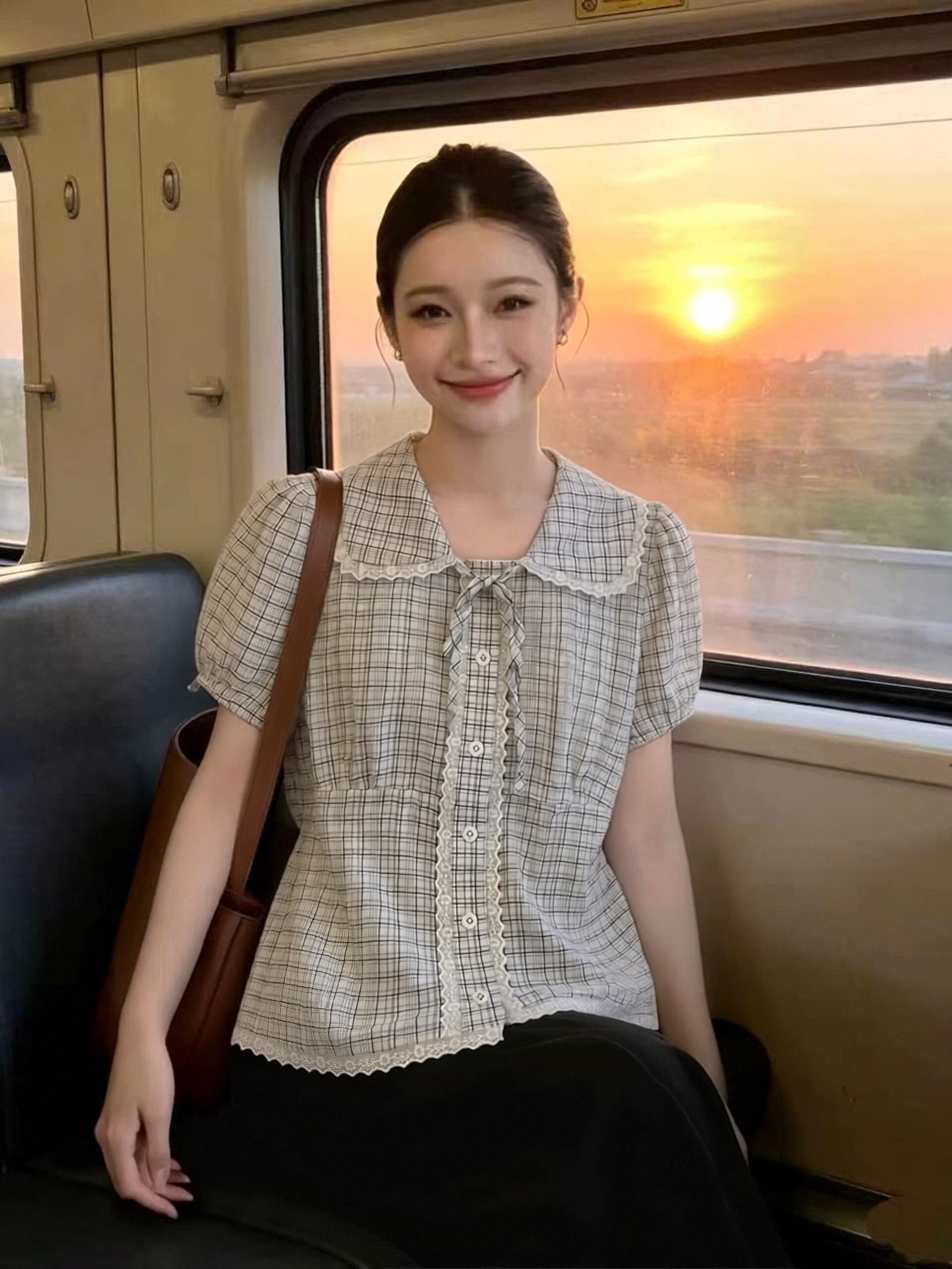 레이스 레이스 베이비 칼라 격자 무늬 셔츠 맨위 여성 상세 이미지 2