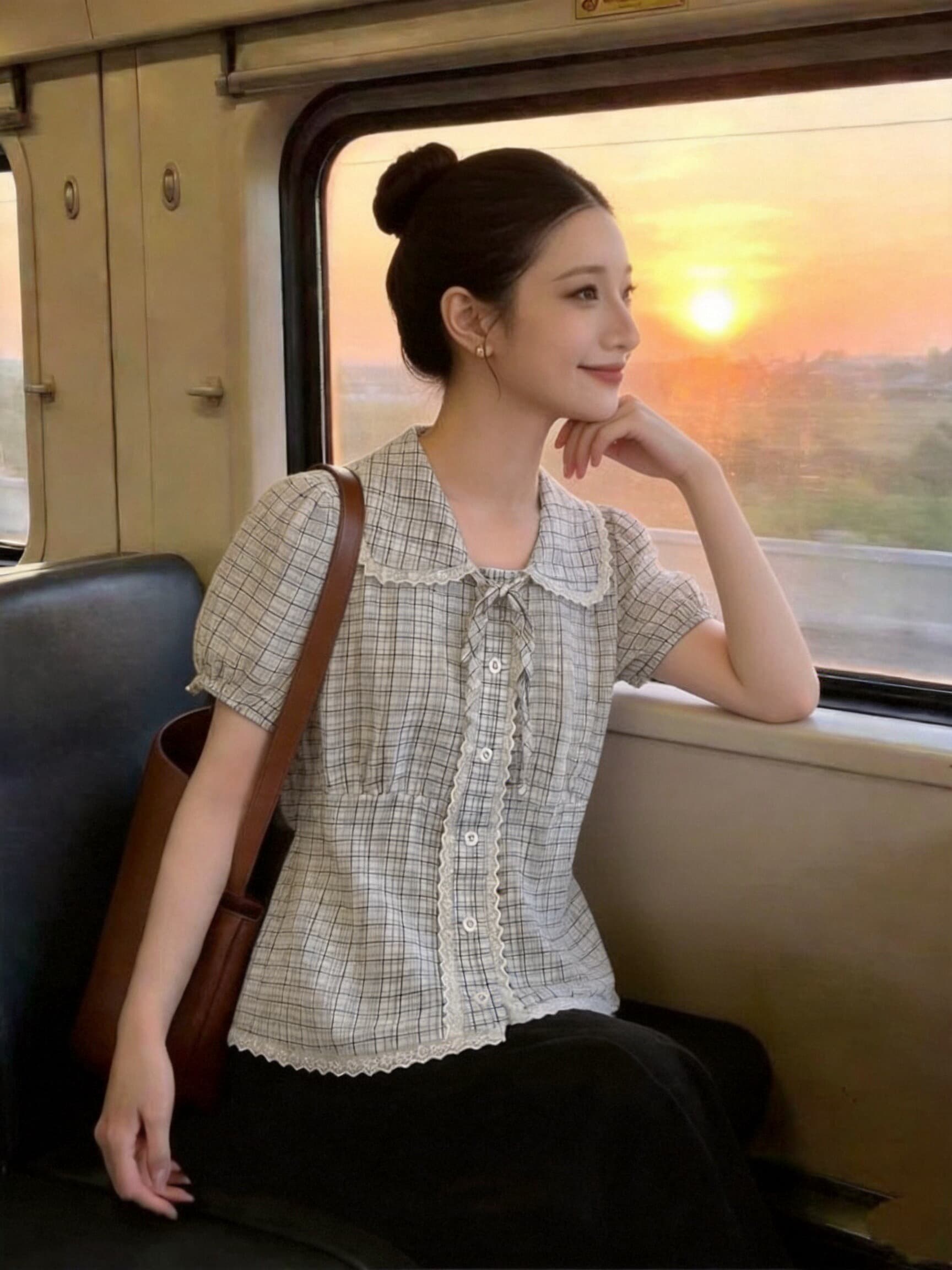 레이스 레이스 베이비 칼라 격자 무늬 셔츠 맨위 여성 상세 이미지 3