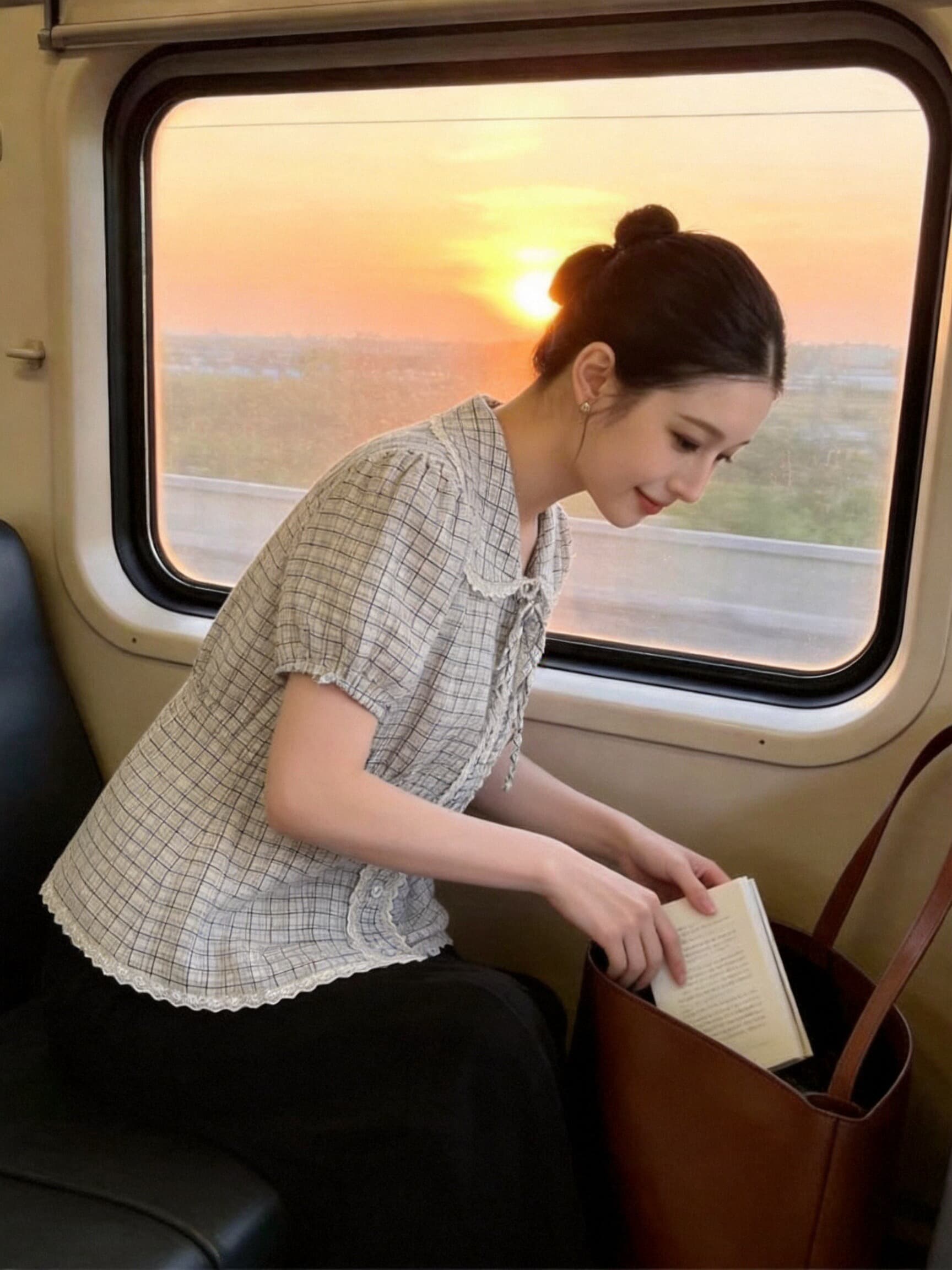 레이스 레이스 베이비 칼라 격자 무늬 셔츠 맨위 여성 상세 이미지 4