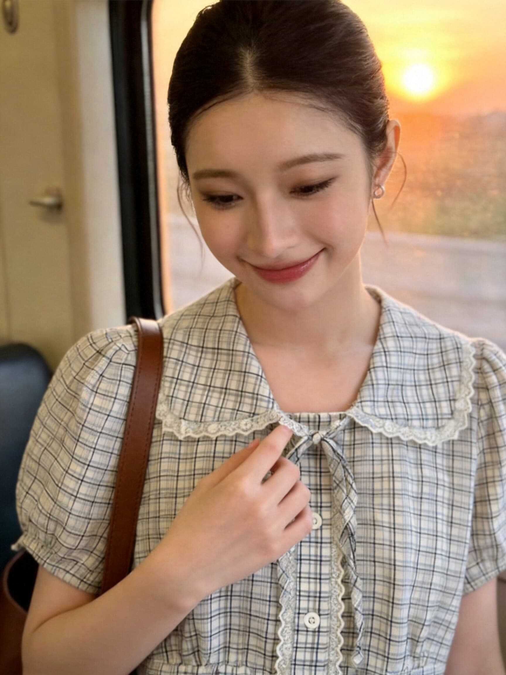 레이스 레이스 베이비 칼라 격자 무늬 셔츠 맨위 여성 상세 이미지 5