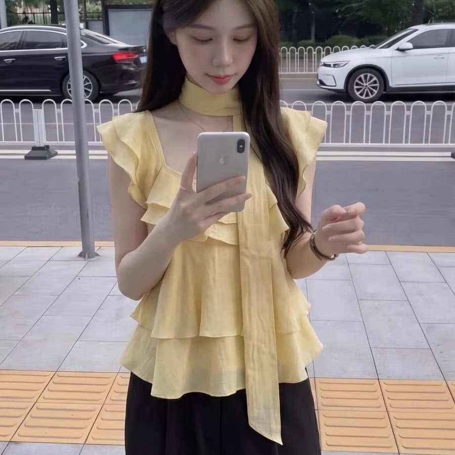 프릴 리본 셔츠 셔츠 맨위 여성 상세 이미지 5