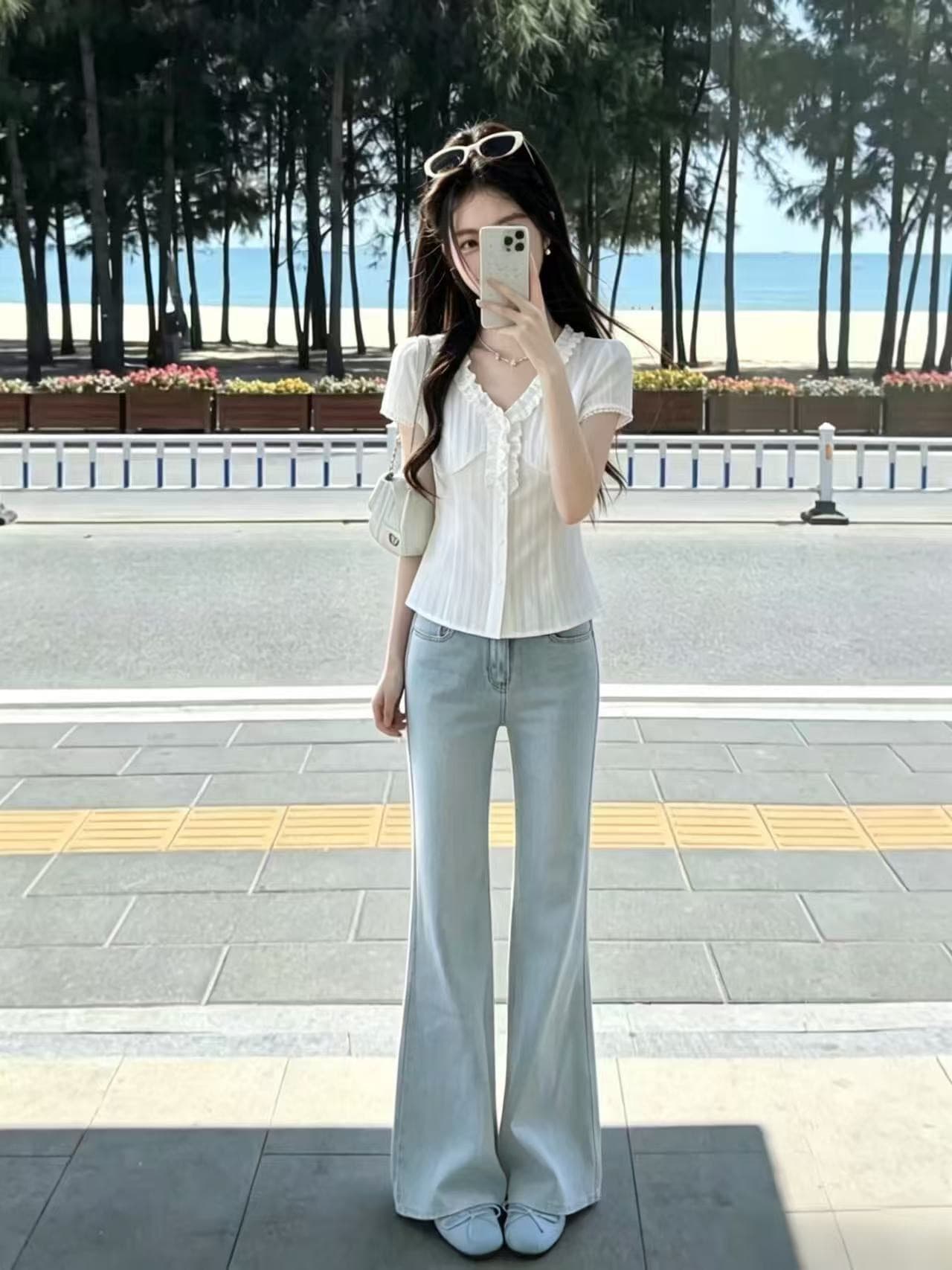 프릴 V 넥 셔츠 맨위 여성