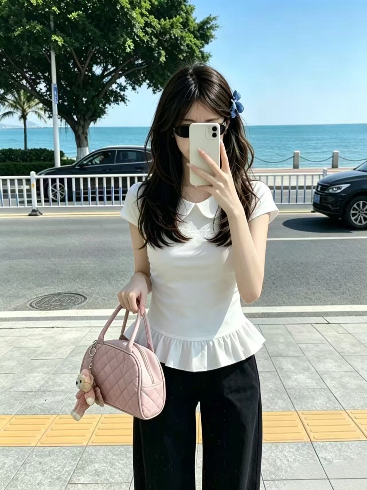 베이비 칼라 패치워크 쇼트 스타일 맨위 여성