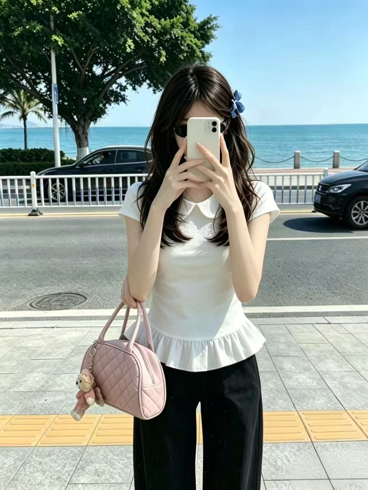 베이비 칼라 패치워크 쇼트 스타일 맨위 여성 이미지 3