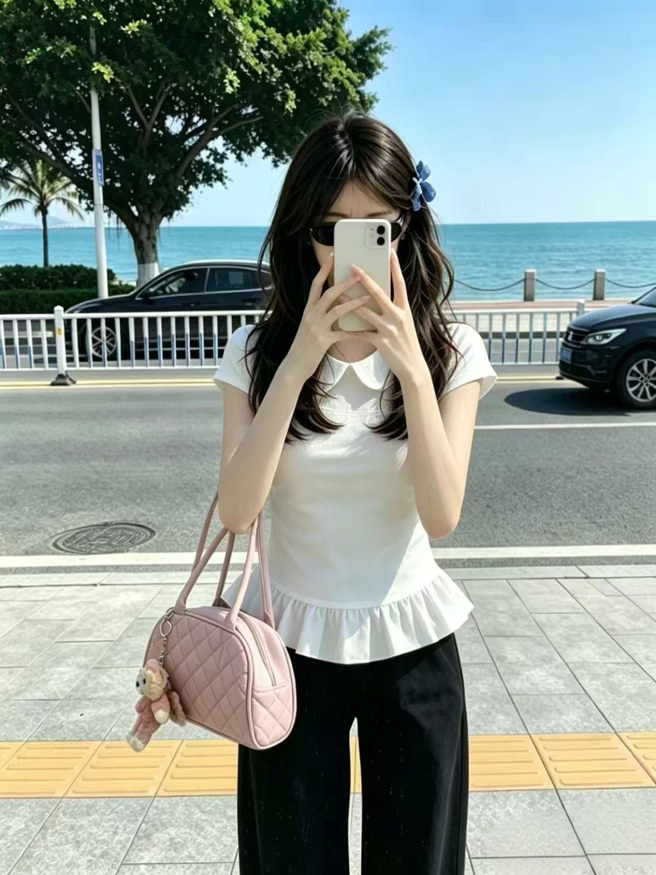 베이비 칼라 패치워크 쇼트 스타일 맨위 여성 이미지 4