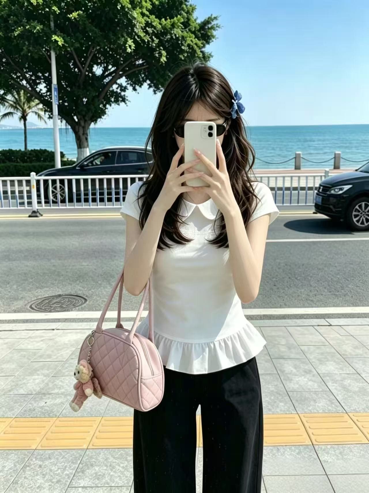 베이비 칼라 패치워크 쇼트 스타일 맨위 여성 상세 이미지 3