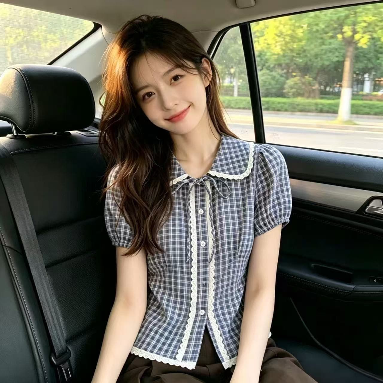 레이스 베이비 칼라 격자 무늬 셔츠 맨위 여성 상세 이미지 3