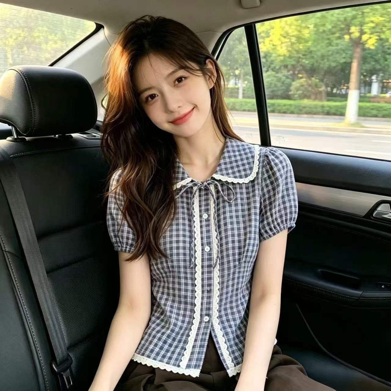 레이스 베이비 칼라 격자 무늬 셔츠 맨위 여성 상세 이미지 4