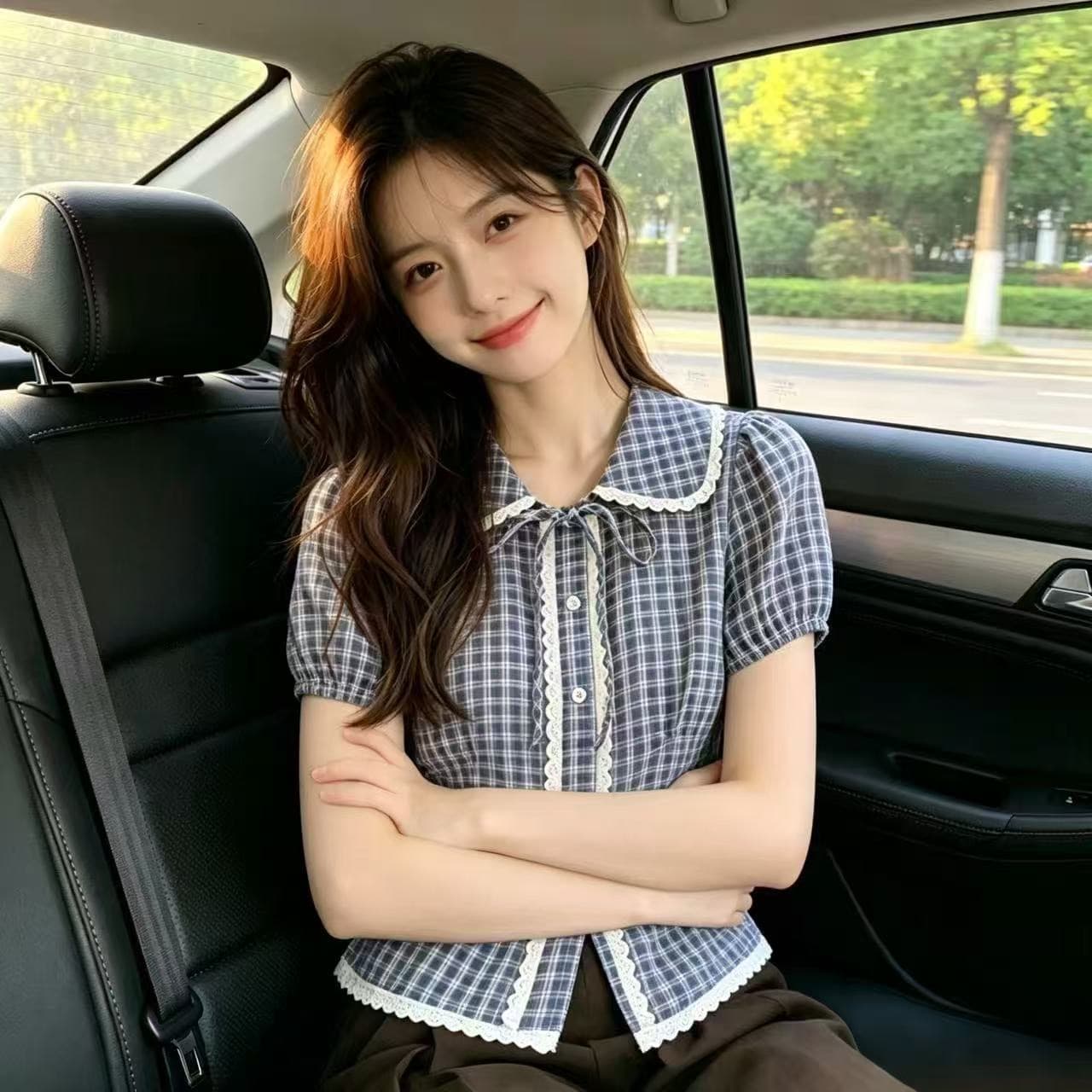 레이스 베이비 칼라 격자 무늬 셔츠 맨위 여성 상세 이미지 5