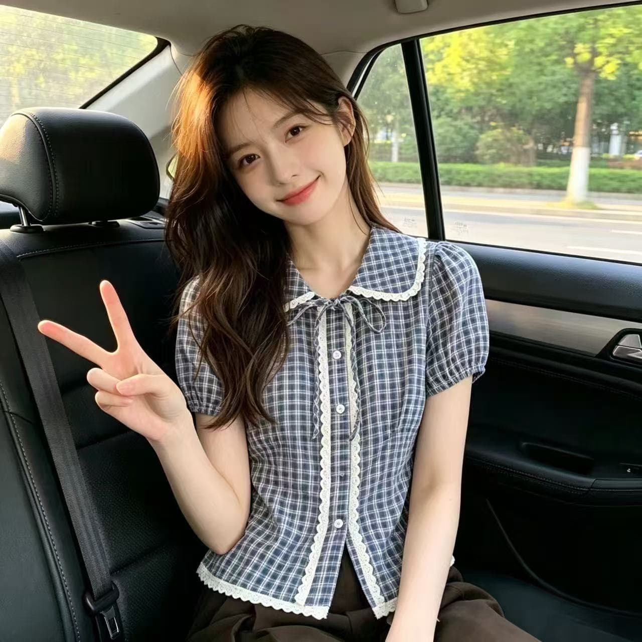 레이스 베이비 칼라 격자 무늬 셔츠 맨위 여성 상세 이미지 7