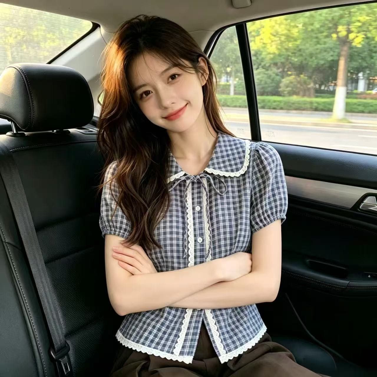 레이스 베이비 칼라 격자 무늬 셔츠 맨위 여성 상세 이미지 8