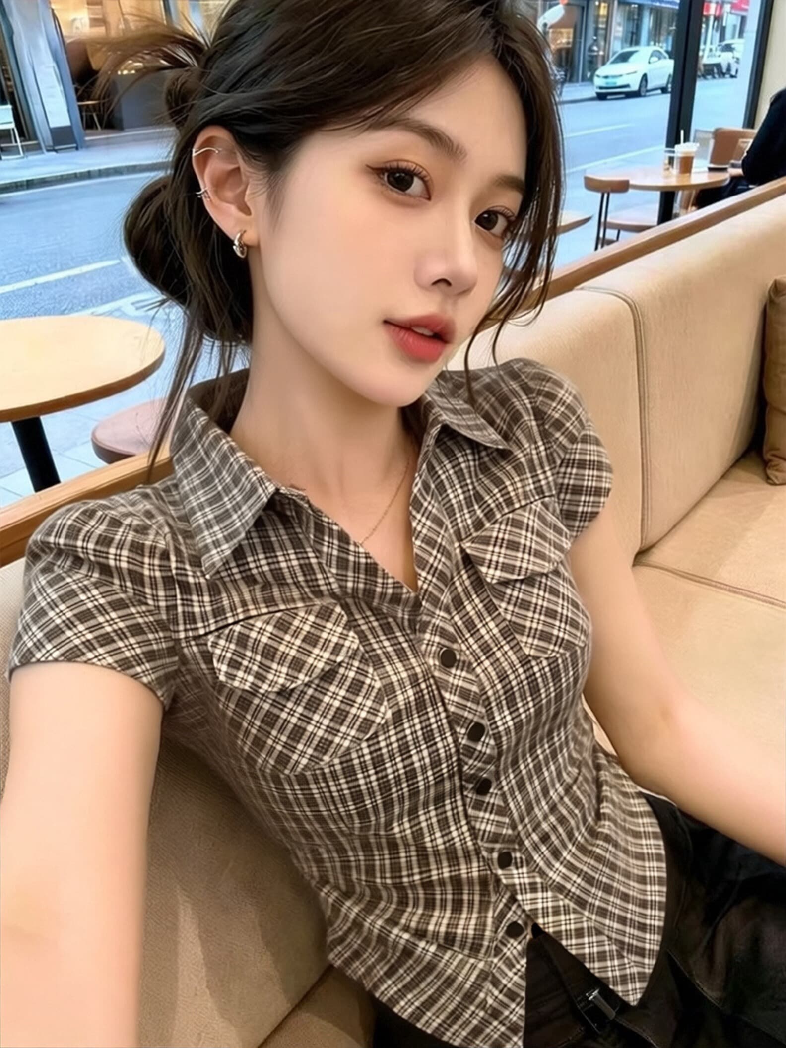 체크무늬 폴로 칼라 셔츠 맨위 여성 이미지 2