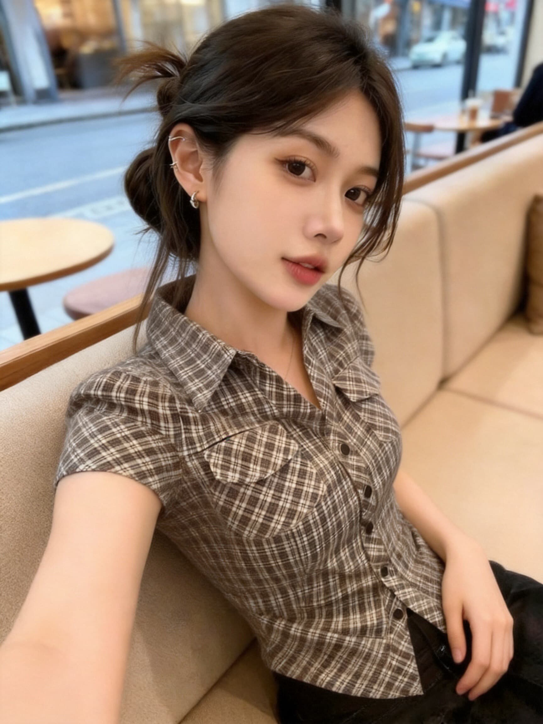 체크무늬 폴로 칼라 셔츠 맨위 여성 이미지 5