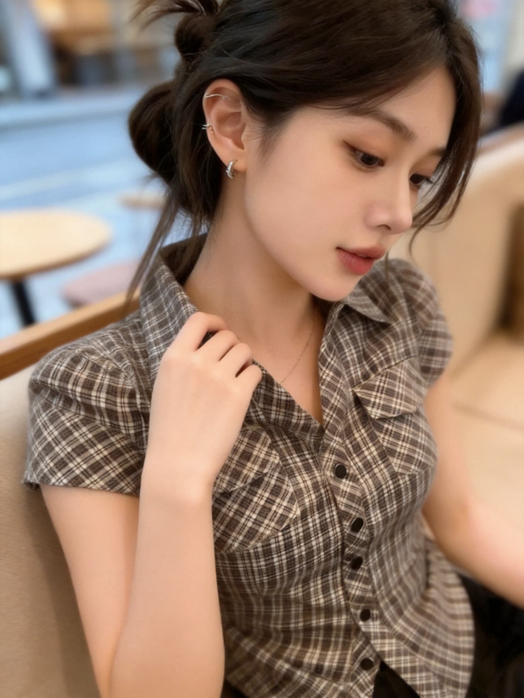 체크무늬 폴로 칼라 셔츠 맨위 여성 이미지 4