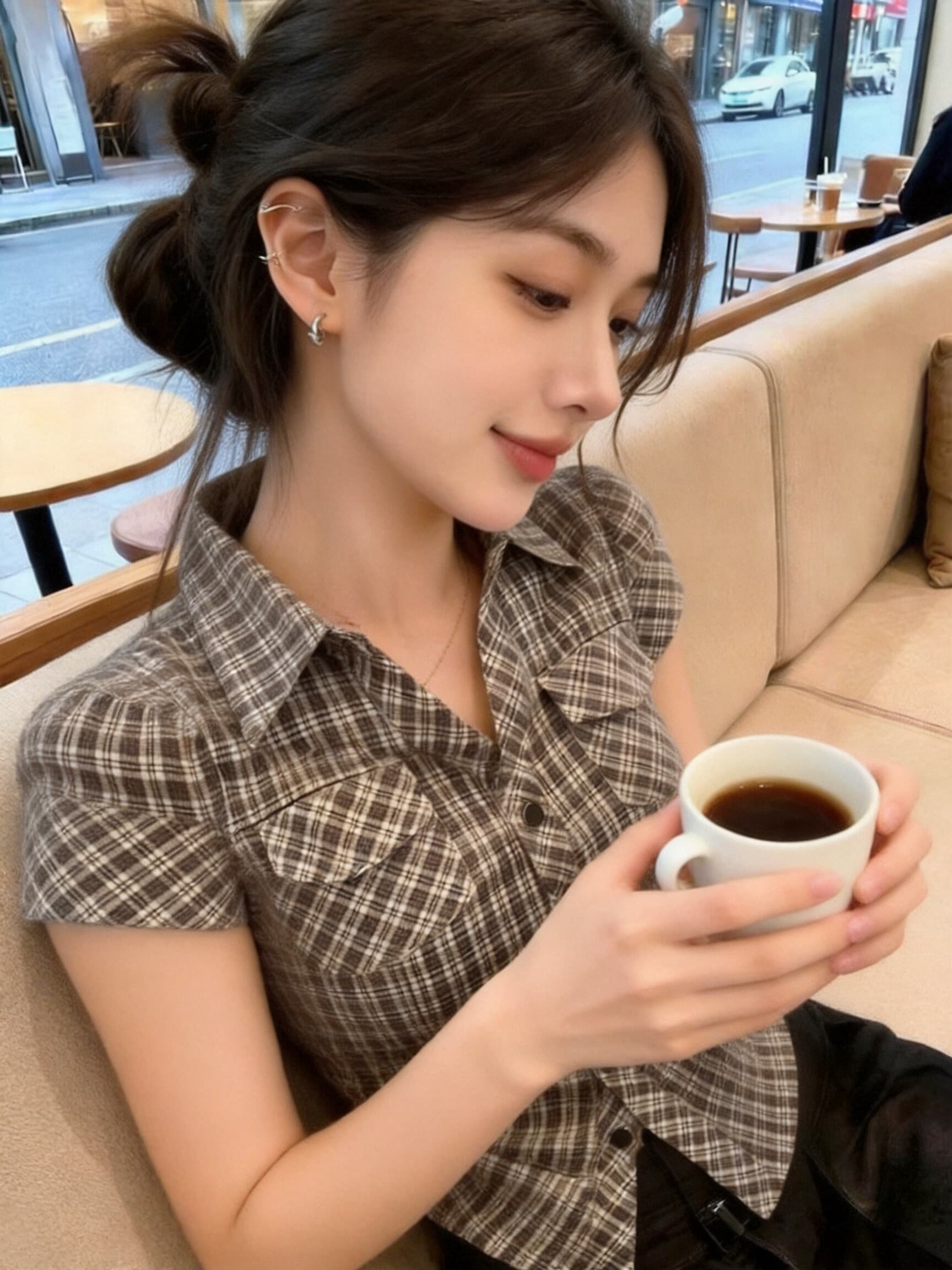 체크무늬 폴로 칼라 셔츠 맨위 여성 상세 이미지 4