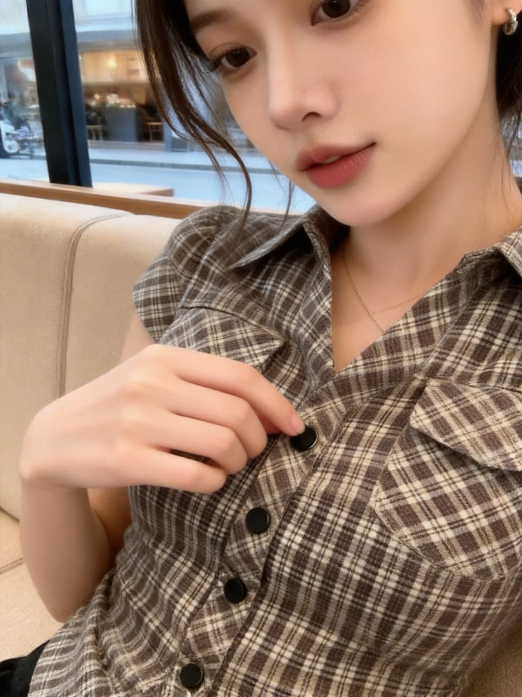 체크무늬 폴로 칼라 셔츠 맨위 여성 상세 이미지 5