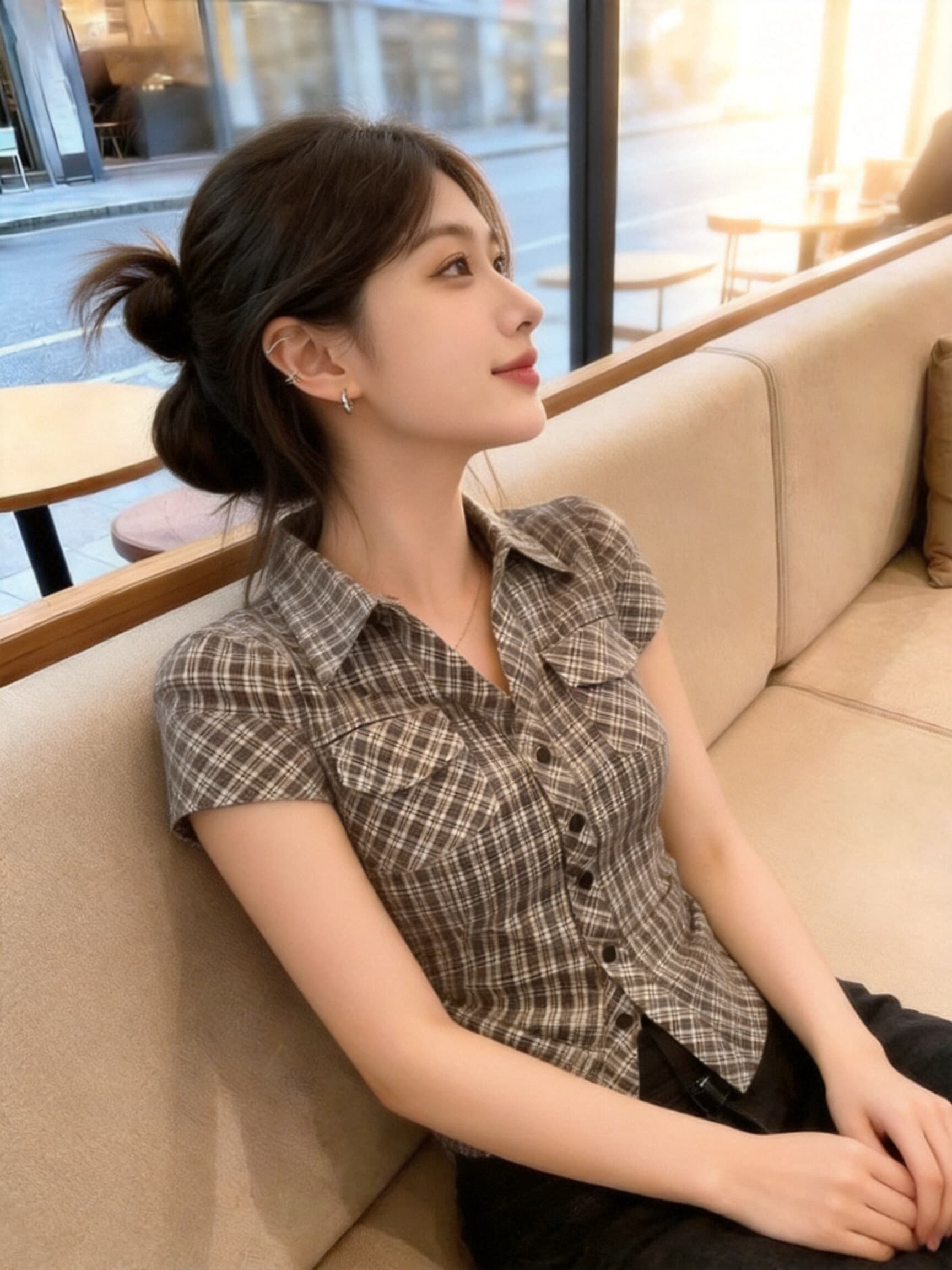 체크무늬 폴로 칼라 셔츠 맨위 여성 상세 이미지 6
