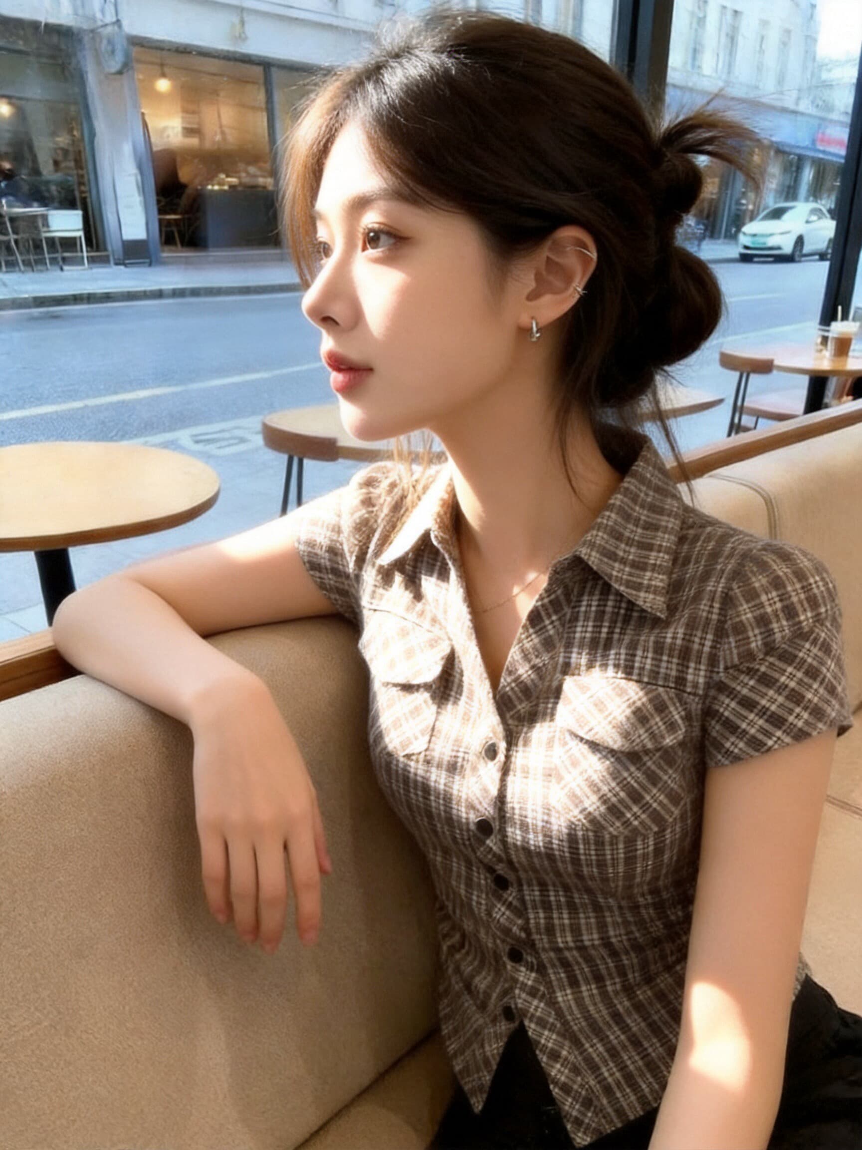 체크무늬 폴로 칼라 셔츠 맨위 여성 상세 이미지 7