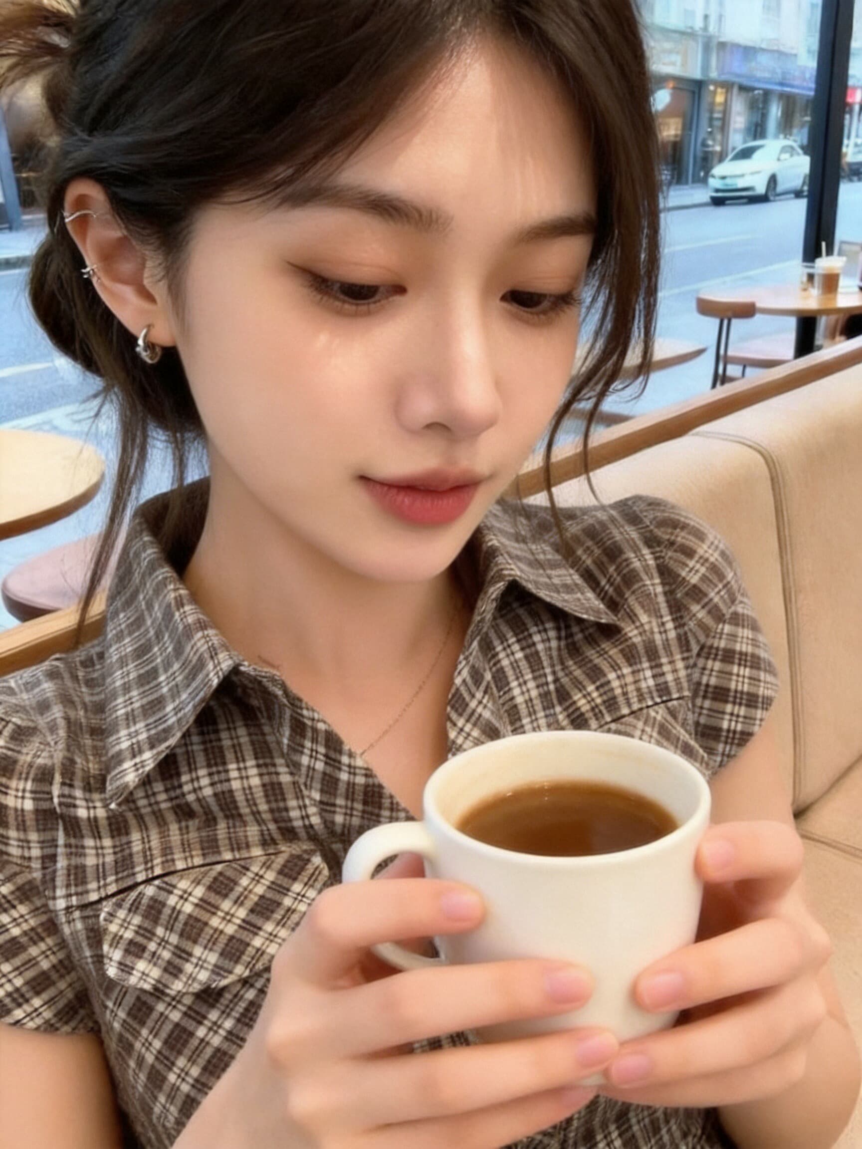 체크무늬 폴로 칼라 셔츠 맨위 여성 상세 이미지 9