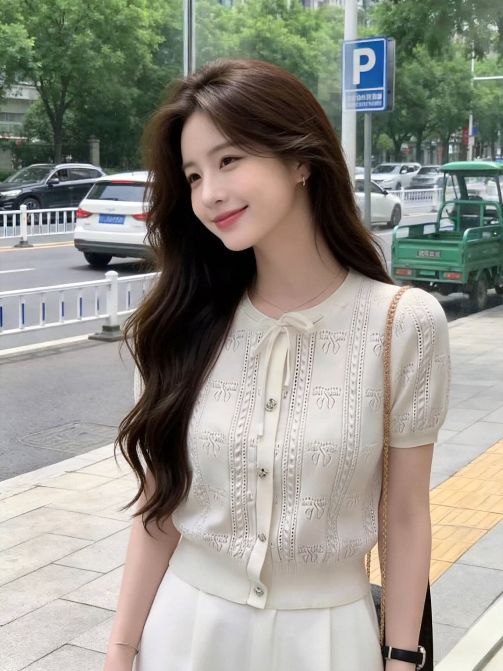 나비 매듭 반팔 니트 스웨터 맨위 여성 이미지 2